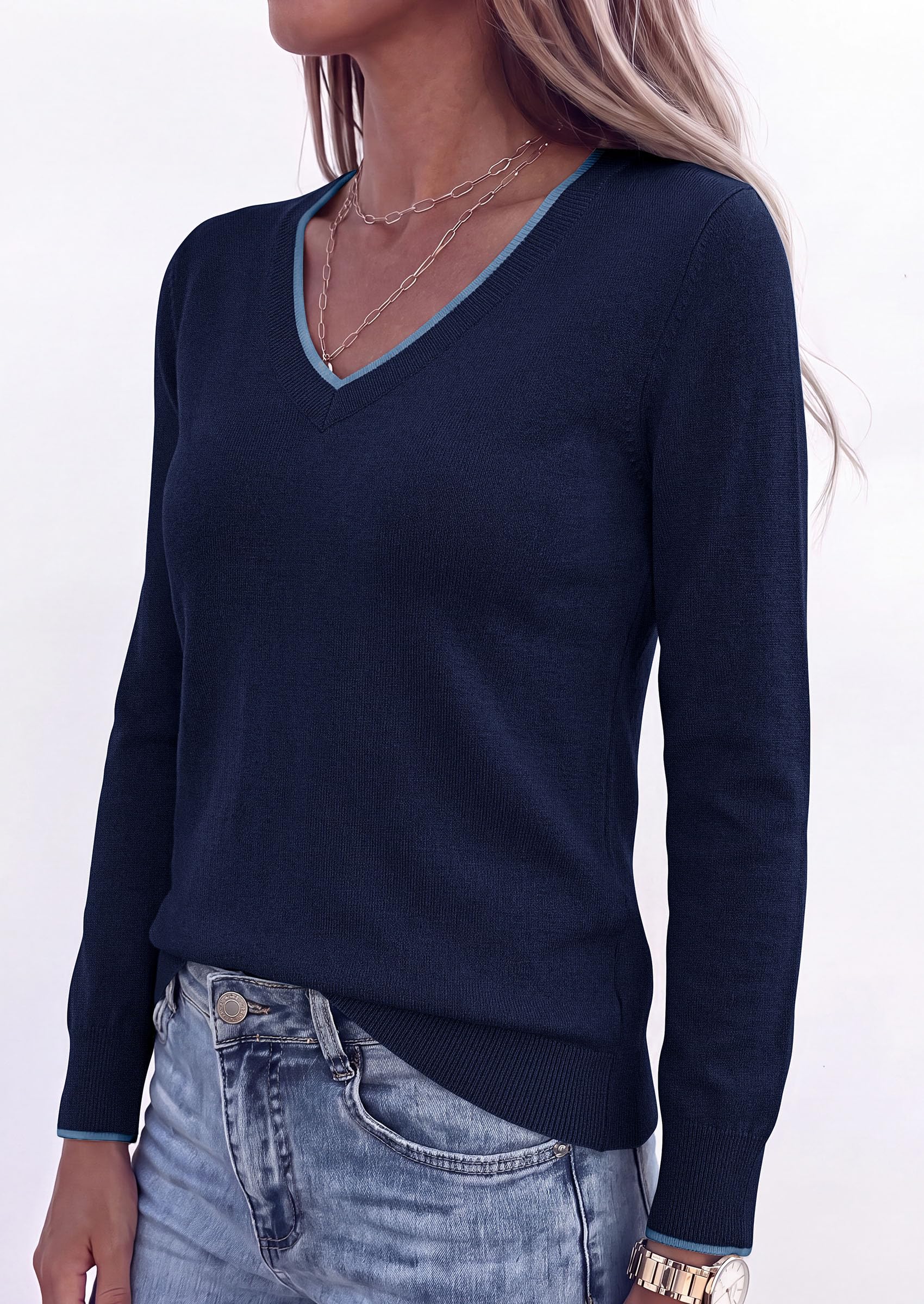 Women's V Neck Sweater Long Sleeve Knit Tops (Navy Blue,S)