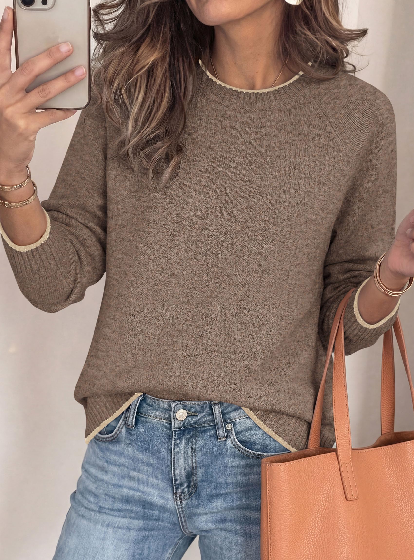 Womens Crewneck Fall Sweaters Pullover Tops,Brown,L
