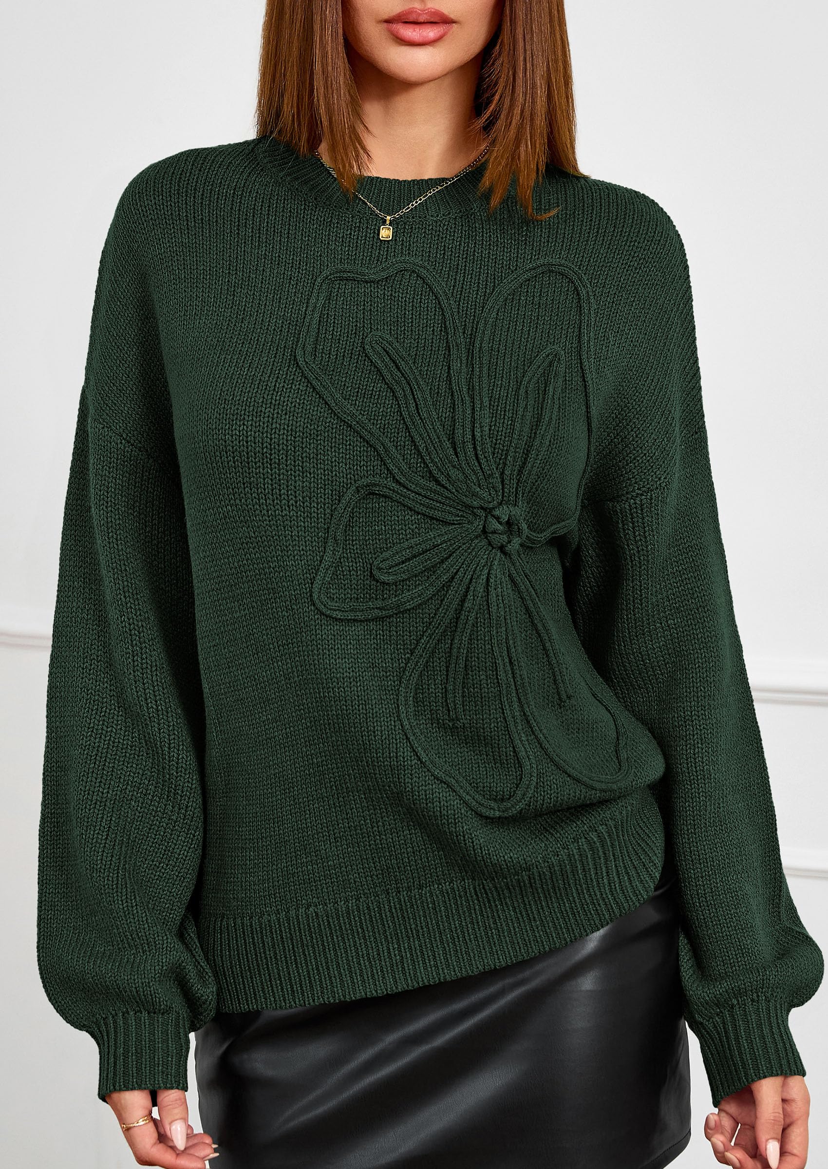 Women's Oversized 3D Floral Knit Sweater,Dark Green,S