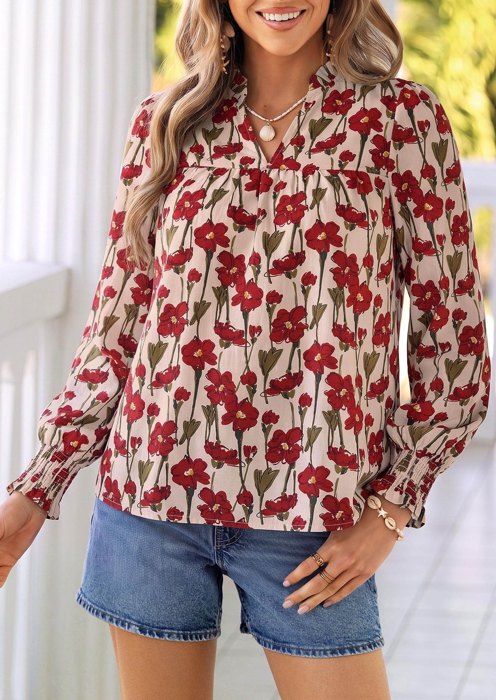 Women's Boho Floral Blouses Dressy Casual Apricot Red,S