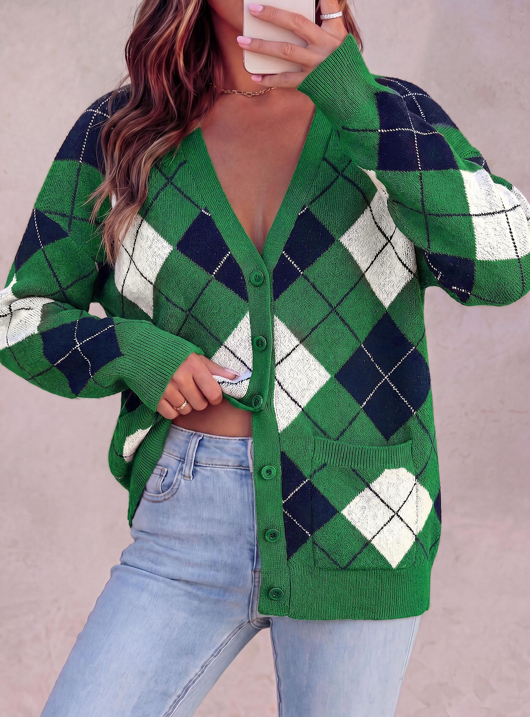 Women's Cardigan Argyle Winter Sweaters (Plaid Green,S)