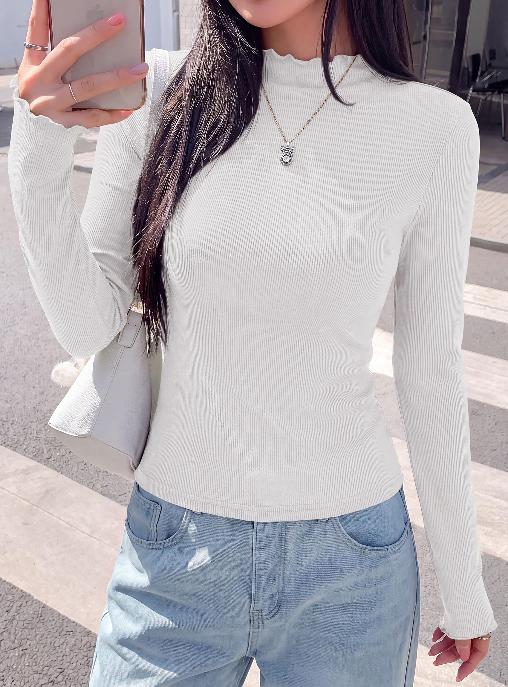 Women's Long Sleeve T Shirts Lettuce Trim Mock Neck Tops White