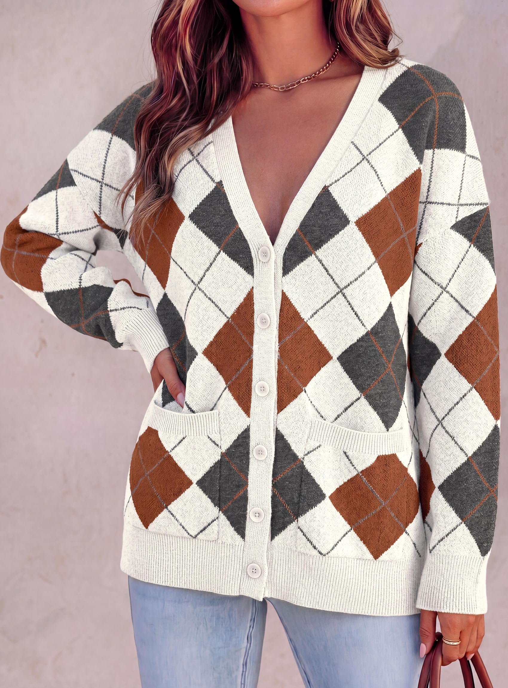 Women's Cardigan Argyle Winter Sweaters (Plaid White,S)