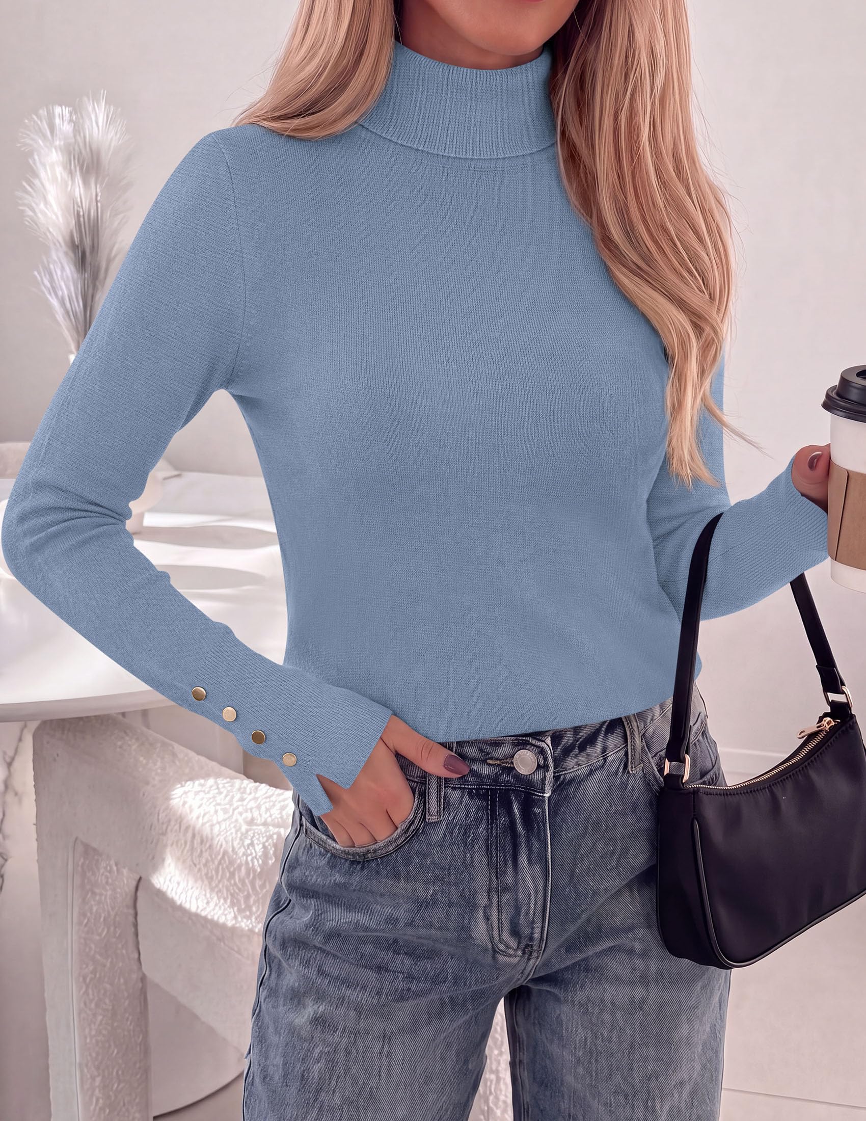 Women Turtleneck Sweaters Fall Long Sleeve Tops,Blue Grey,S