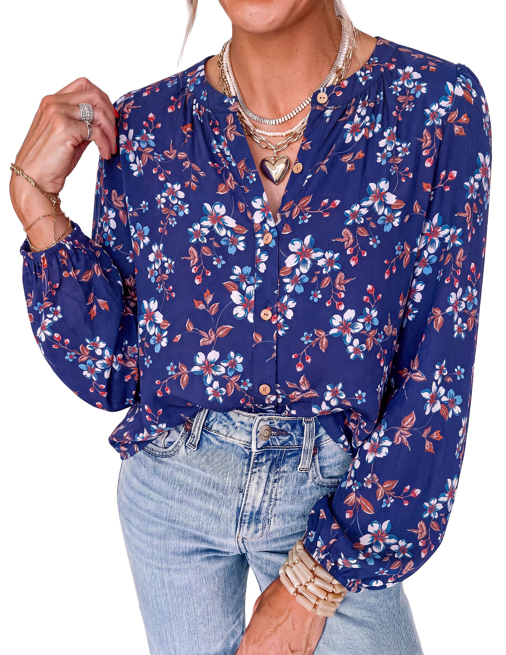 Women's Boho Tops Fall Long Sleeve Button Down Floral Blouses
