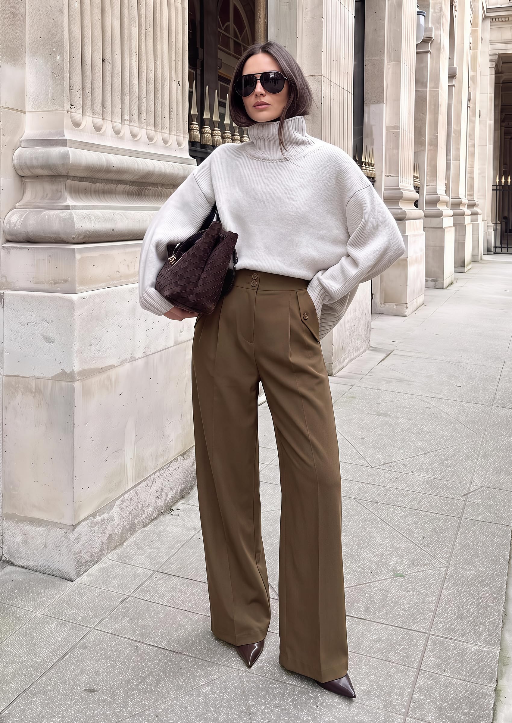 Women's Wide Leg Work Dress Pants Trousers (Brown,S)