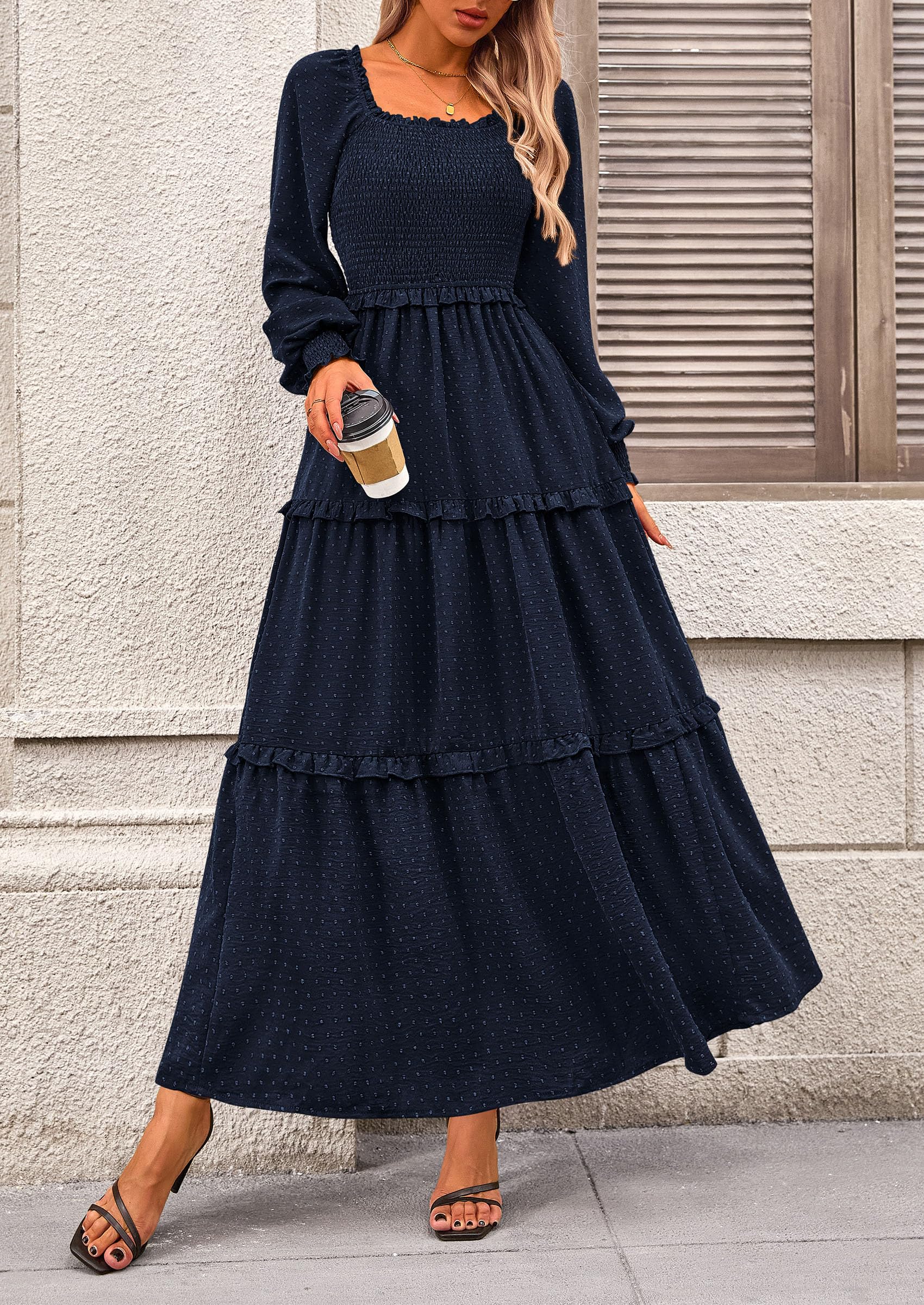 Women's Smocked Long Sleeve Maxi Dress Wedding Guest Dresses