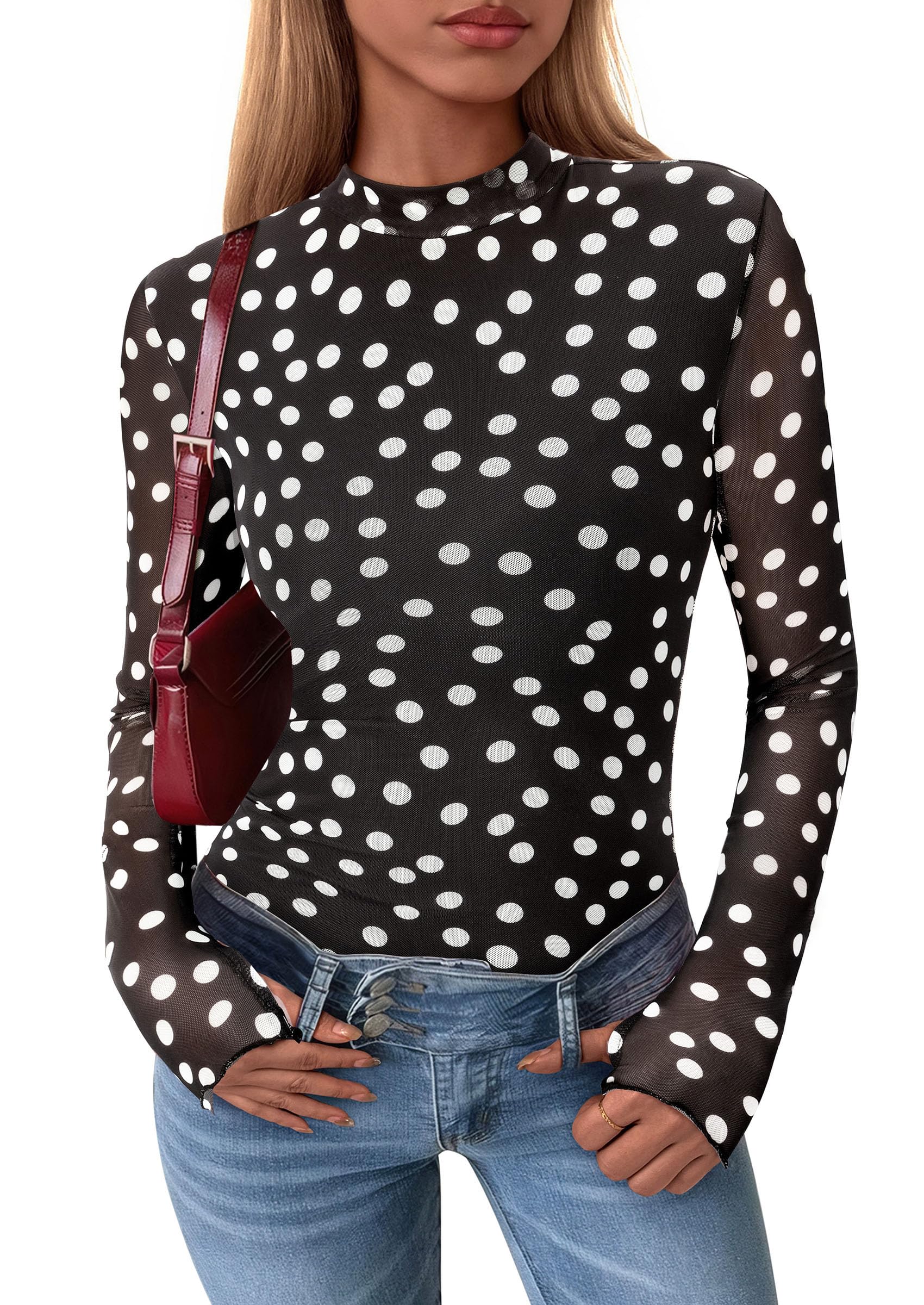 Womens Floral Mesh Long Sleeve Tops Fall Slim Fitted Shirts