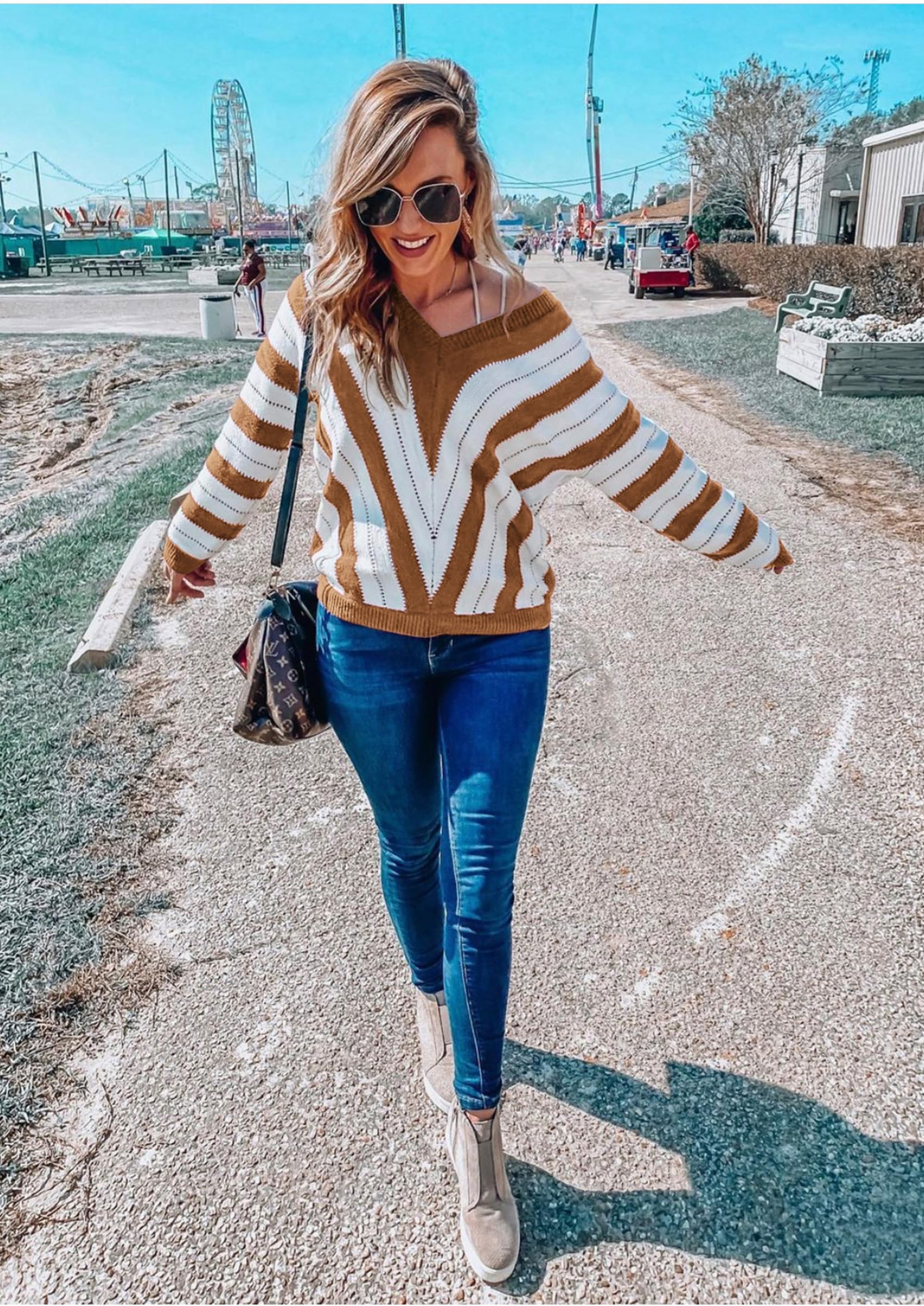 Women's V Neck Striped Knit Pullover Sweater