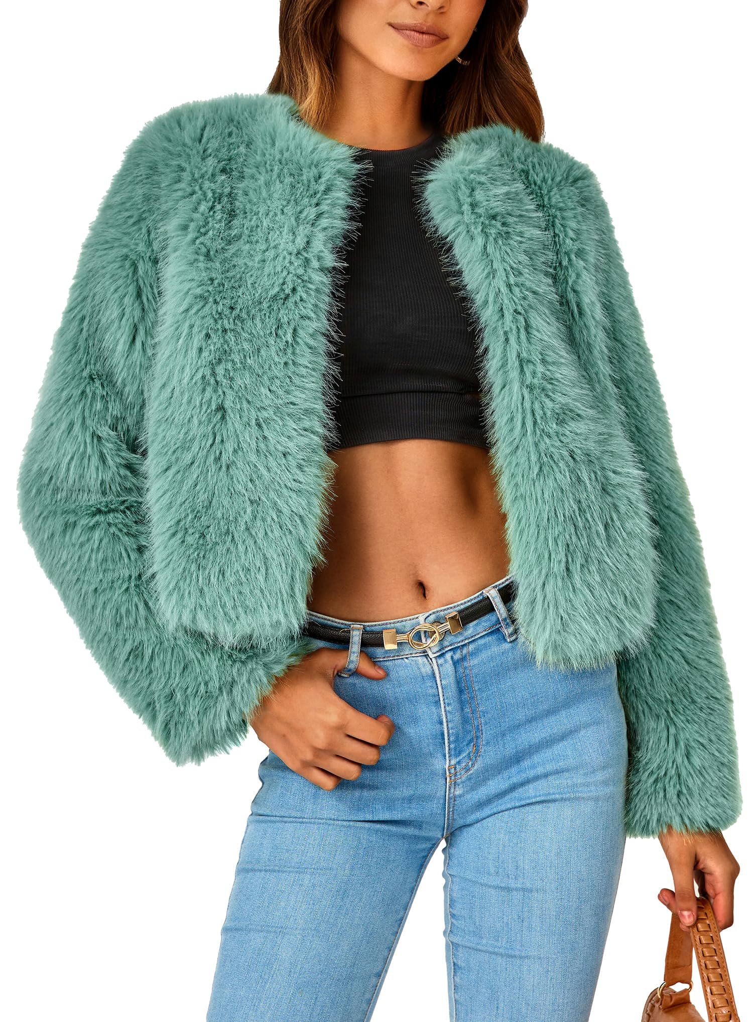 Women's Winter Cropped Faux Fur Coats(Light Green,Small)