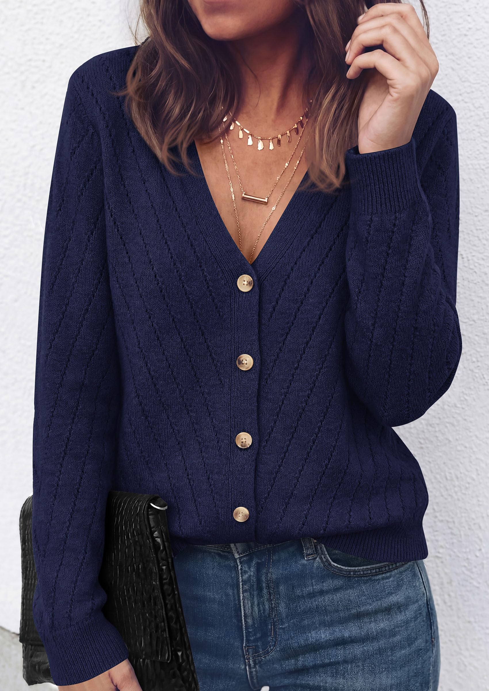 Women's Cozy Cardigan Sweater with Button (Navy Blue,S)