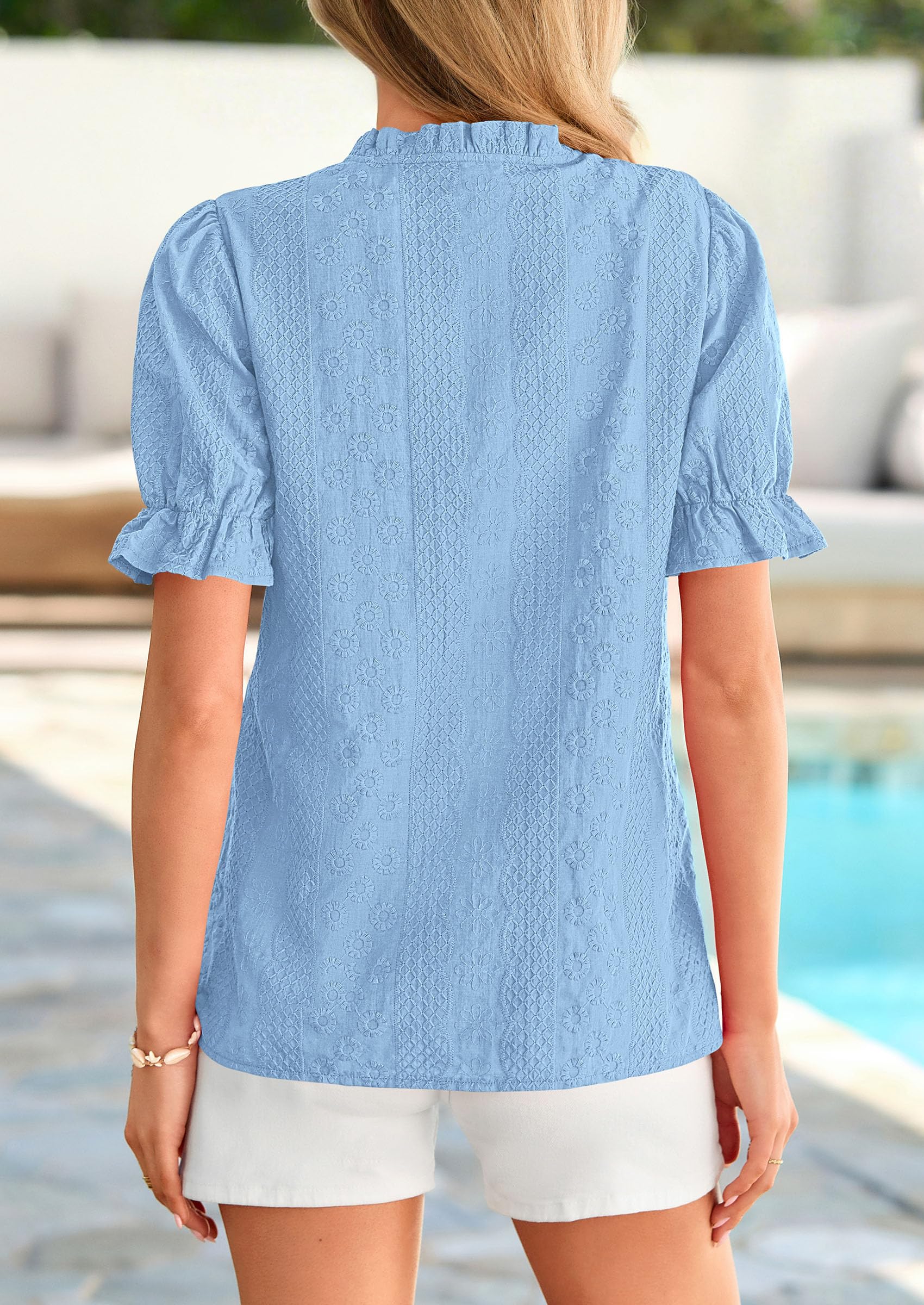Womens Embroidered Puff Short Sleeve Tops,Light Blue,S