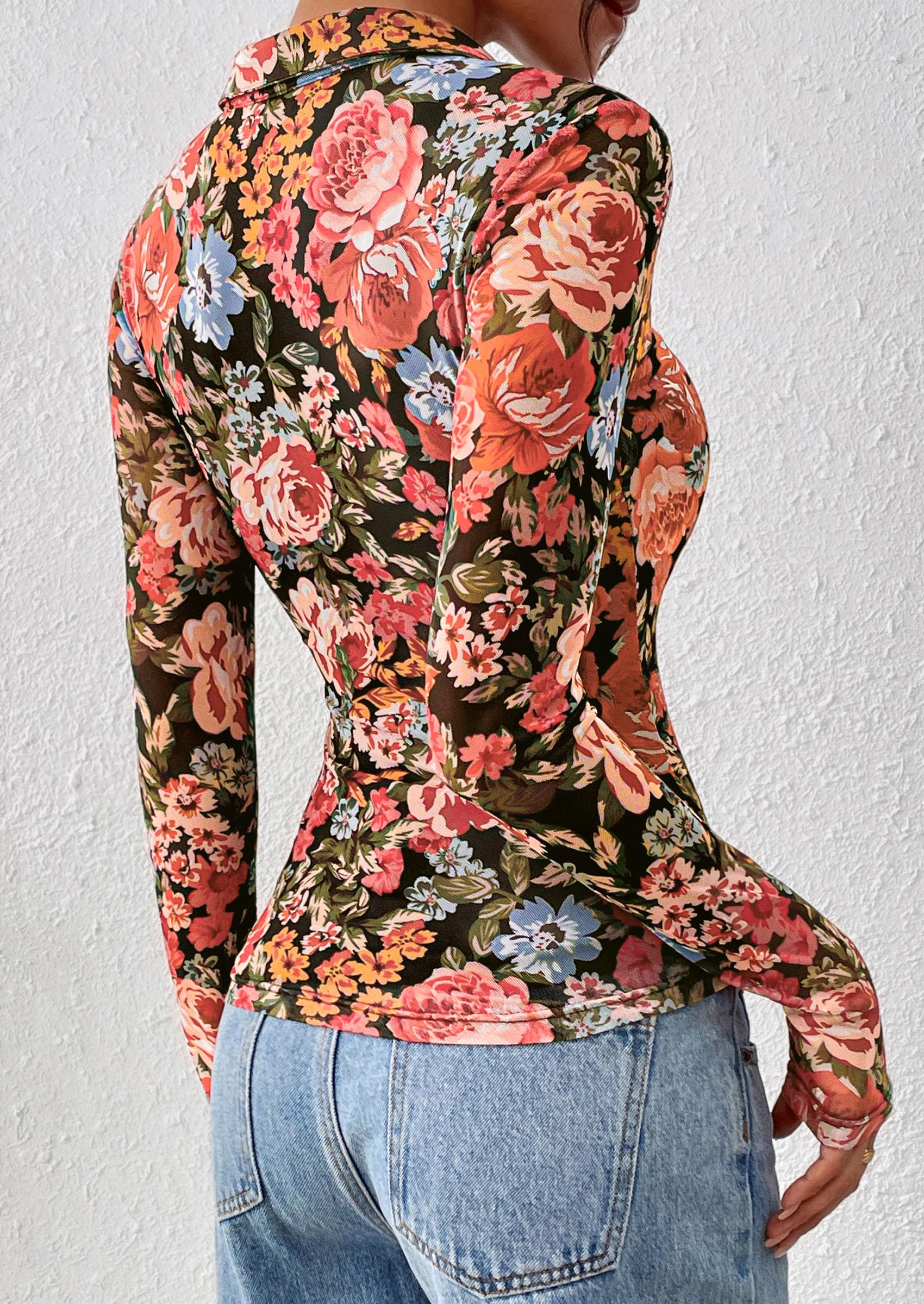 Women's Button Down Shirts Boho Mesh Floral Going Out Tops