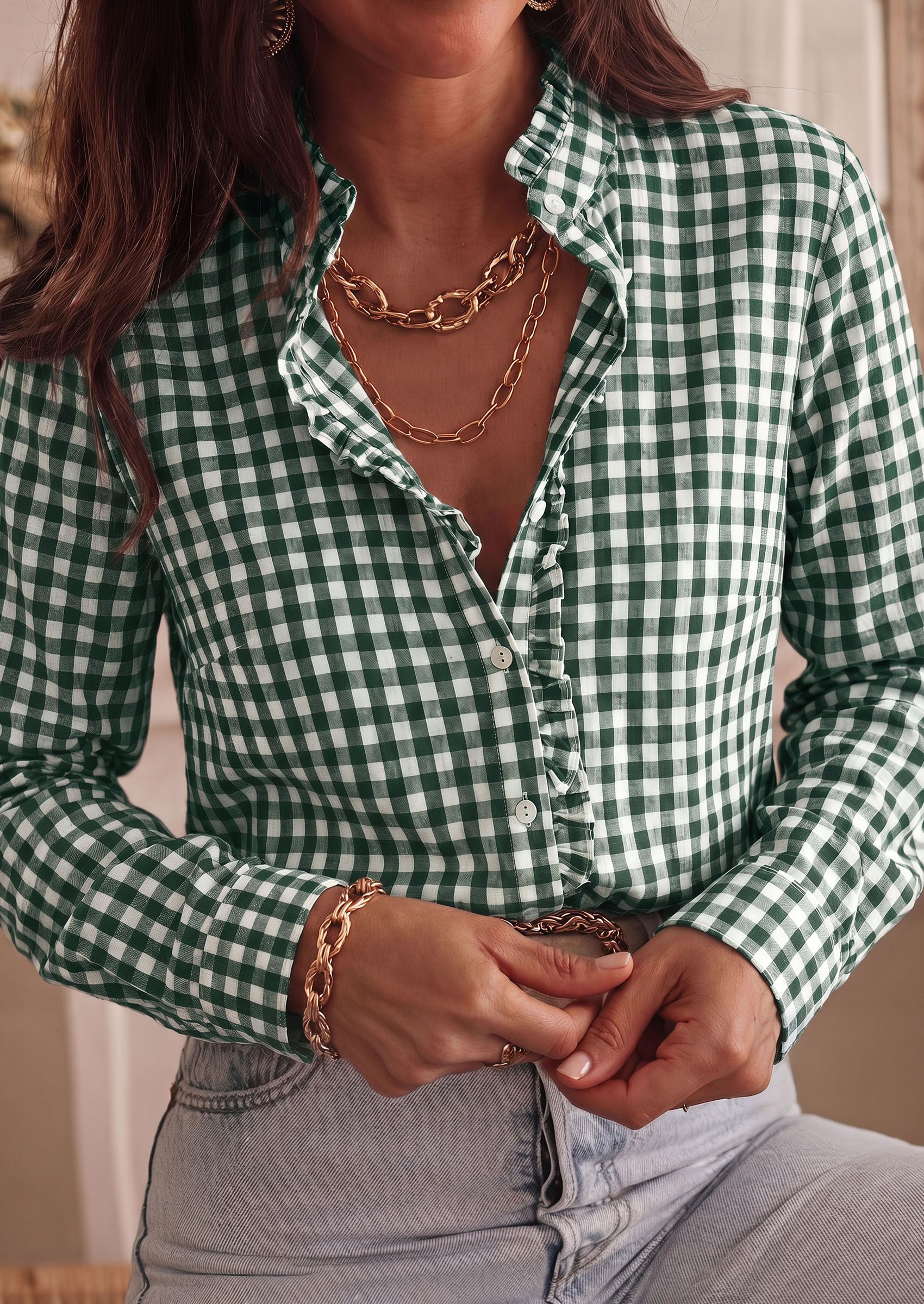 Womens Long Sleeve Button Down Shirts,Dark Green White,S
