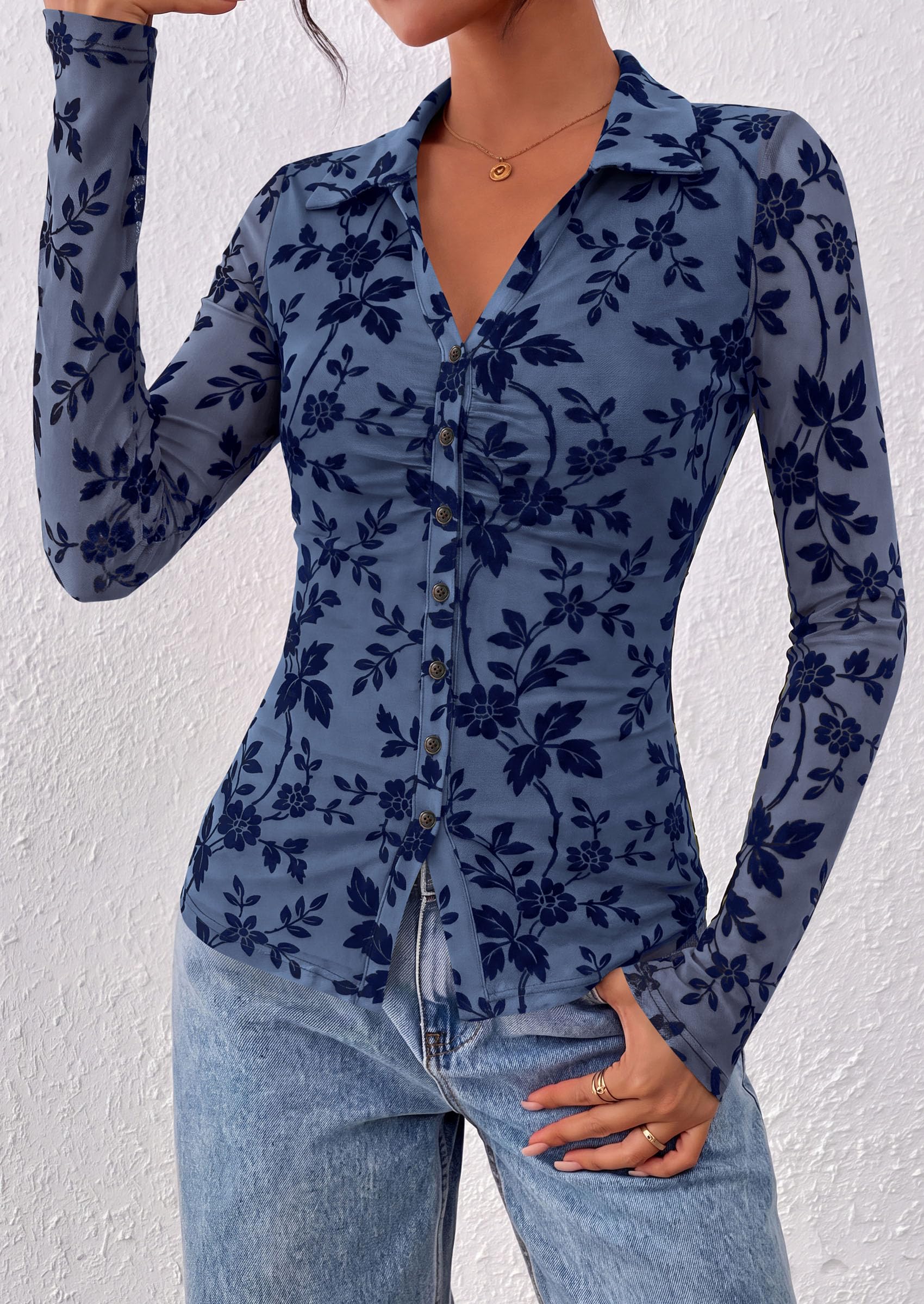 Women's Long Sleeve Floral Mesh Boho Tops Button Down Shirts