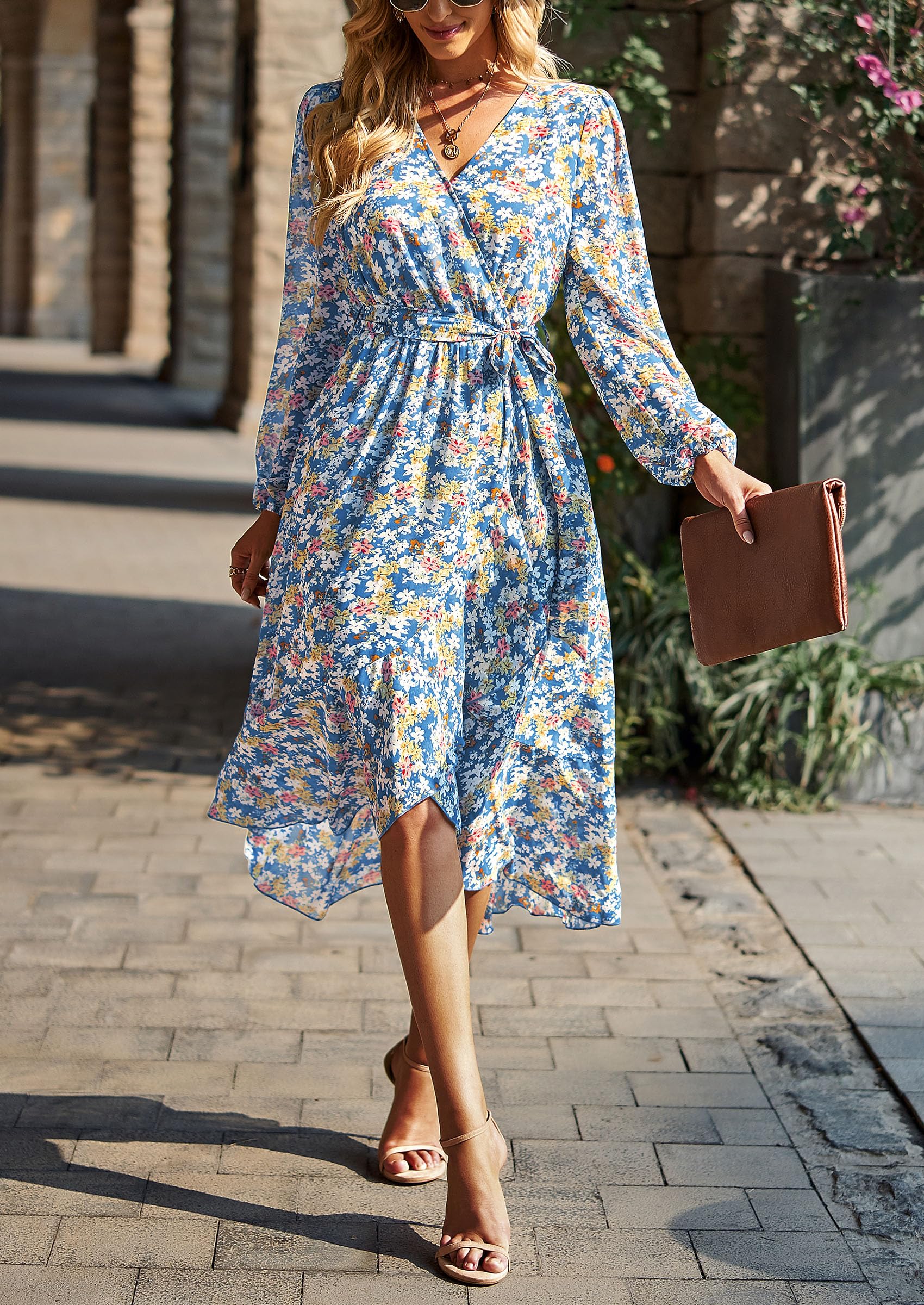 Women's Floral Boho Long Sleeve Maxi Dress, Floral Blue,S