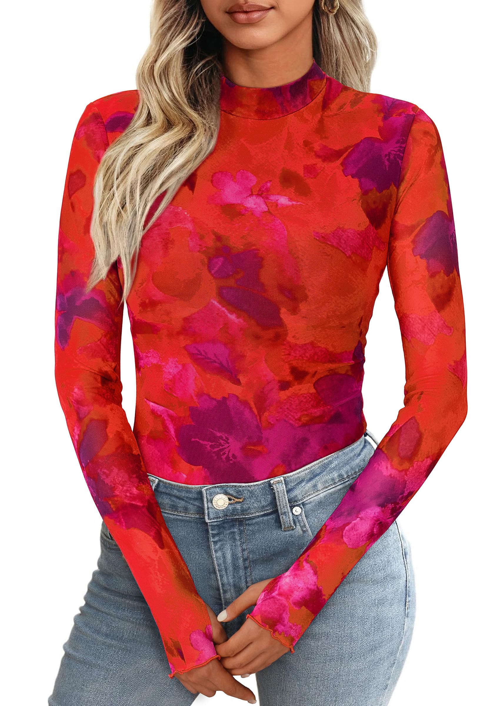Womens Floral Mesh Long Sleeve Tops Fall Slim Fitted Shirts