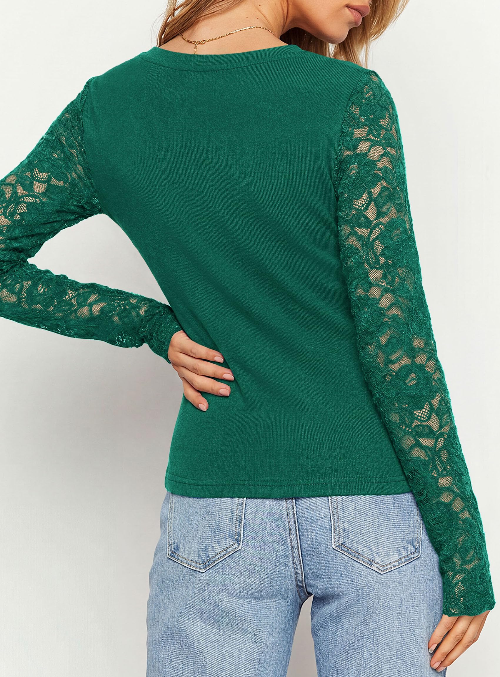 Sheer Lace Raglan Long Sleeve Shirts for Women,Green,M