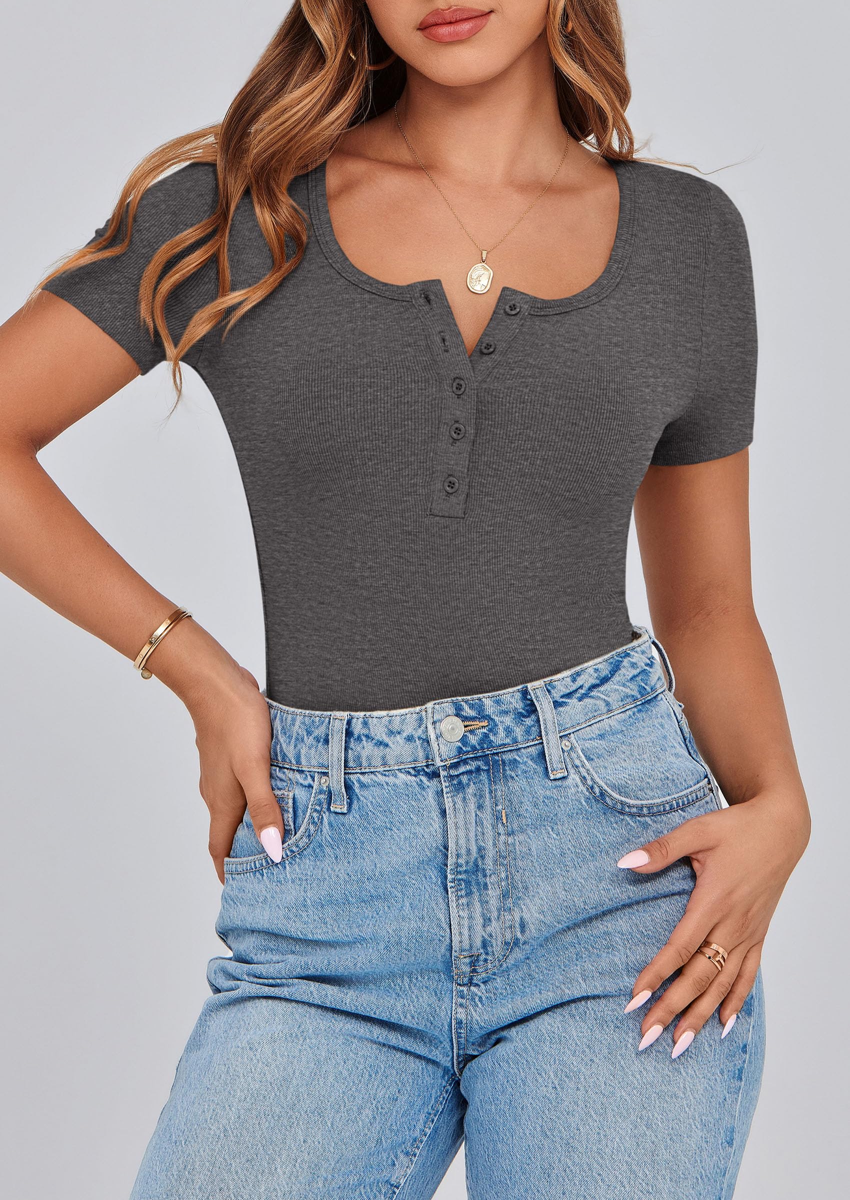 Women's Summer Tops Henley Tee Shirts (Charcoal,X-Small)