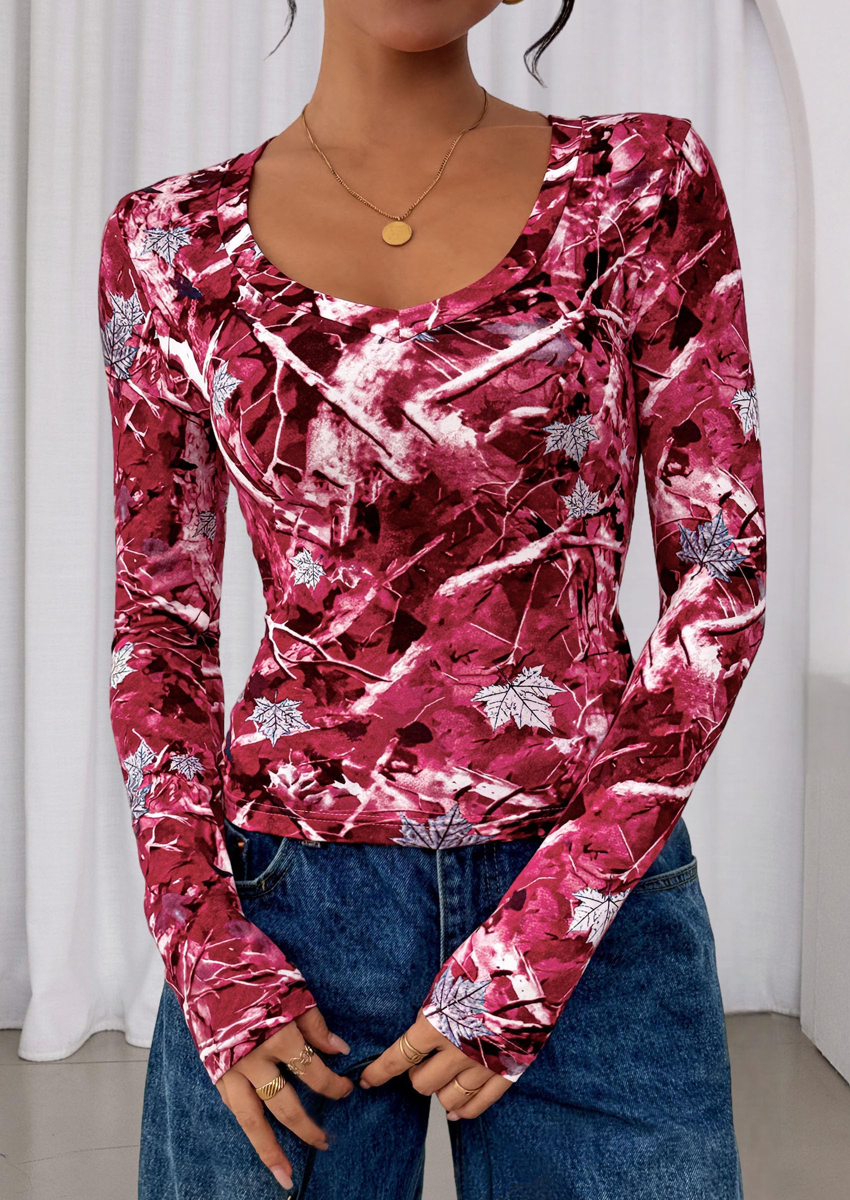 Womens Long Sleeve Slim Fit Crop Tops,Red Floral,XS