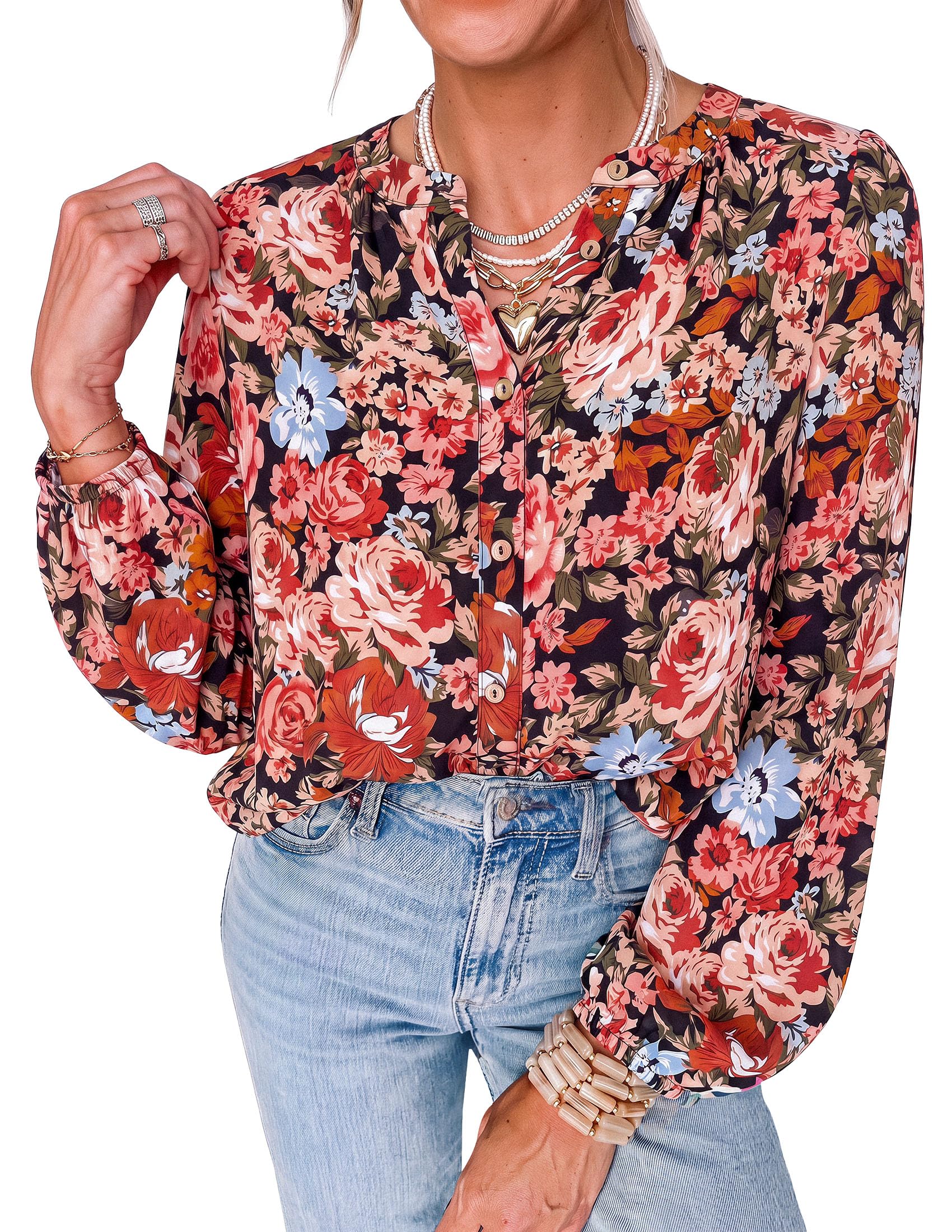 Women's Boho Tops Fall Long Sleeve Button Down Floral Blouses