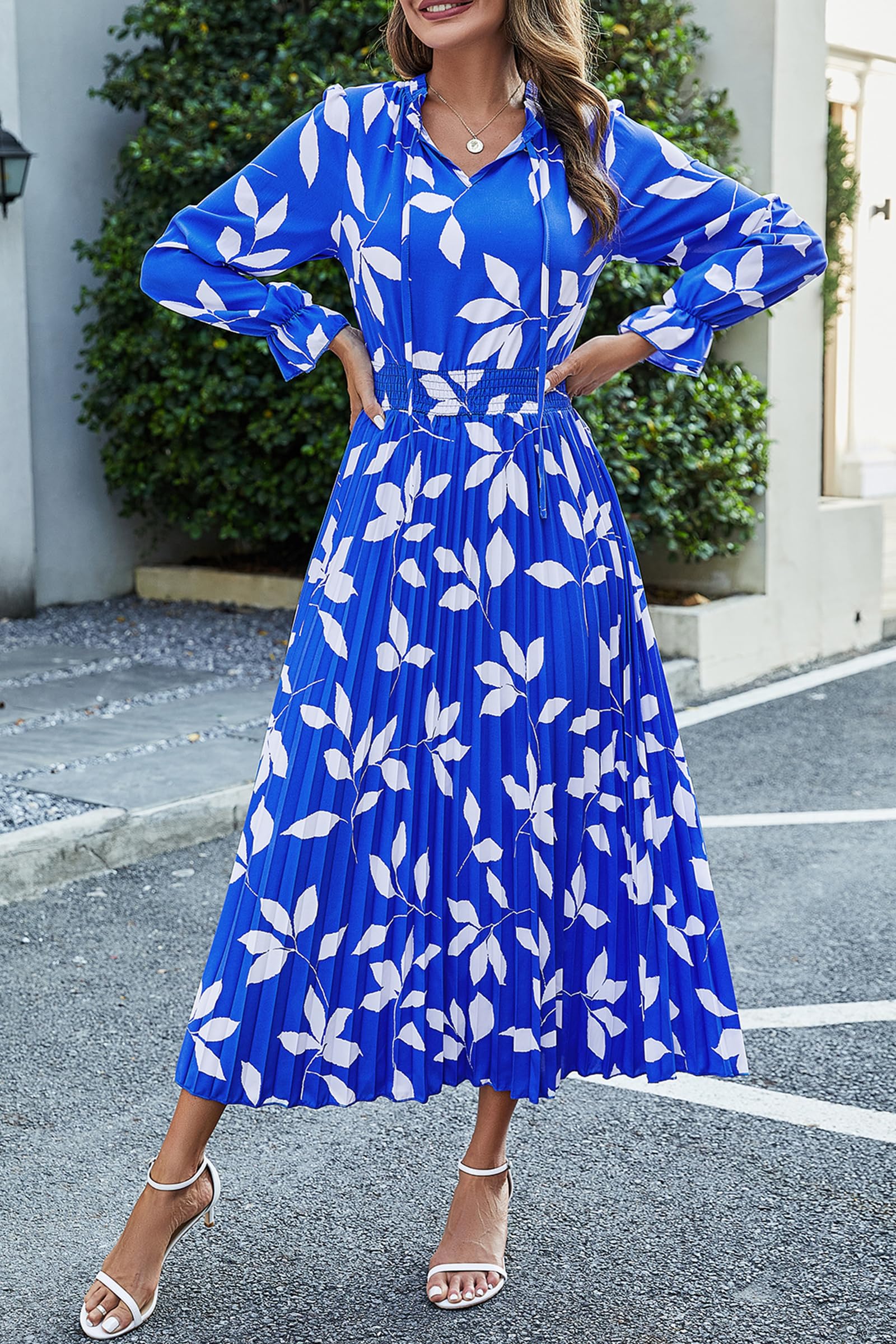 Women's Fall Midi Wedding Guest Dress(Blue Leaves,Medium)