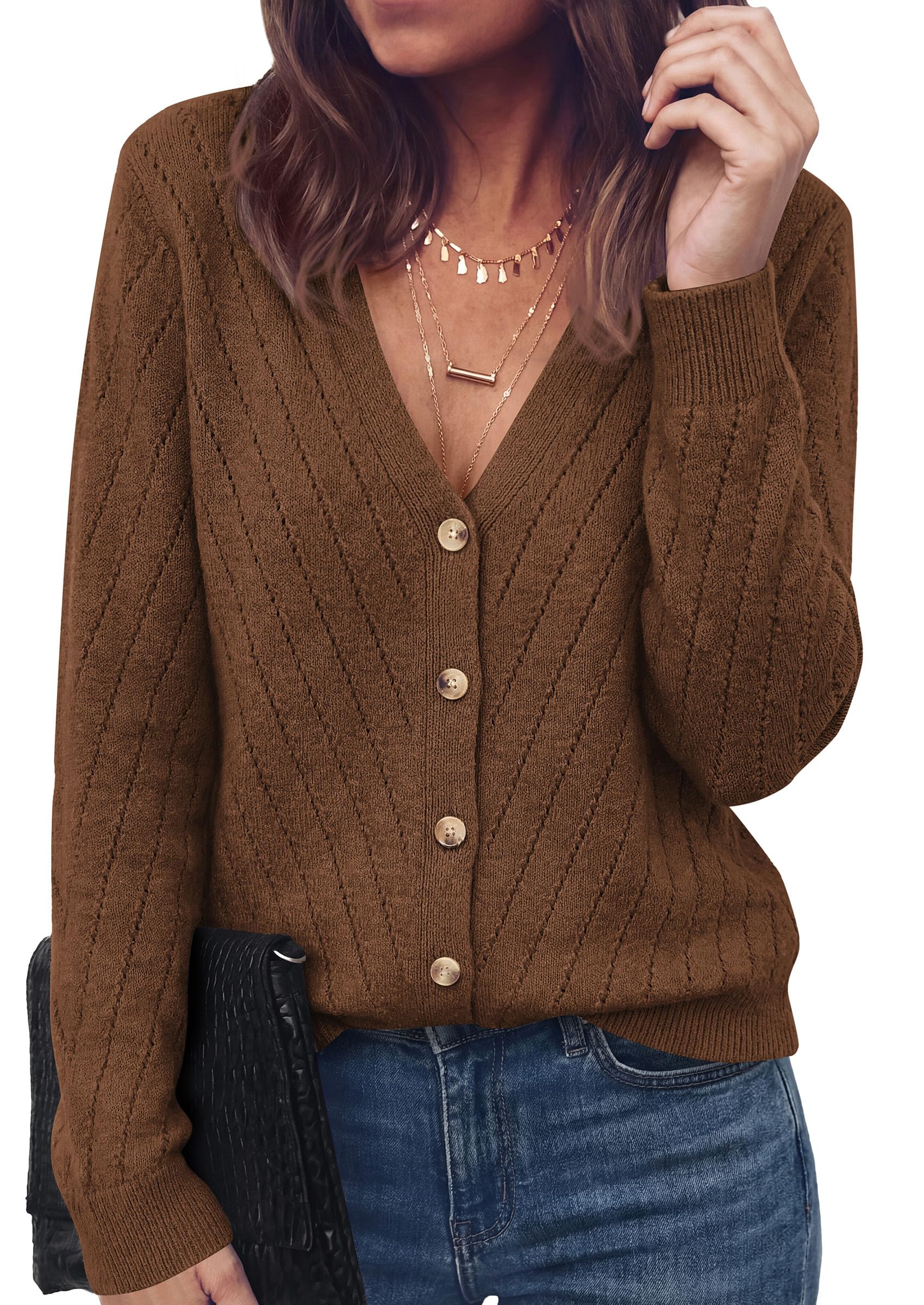 Women's Cozy Cardigan Sweater with Button (Brown,S)
