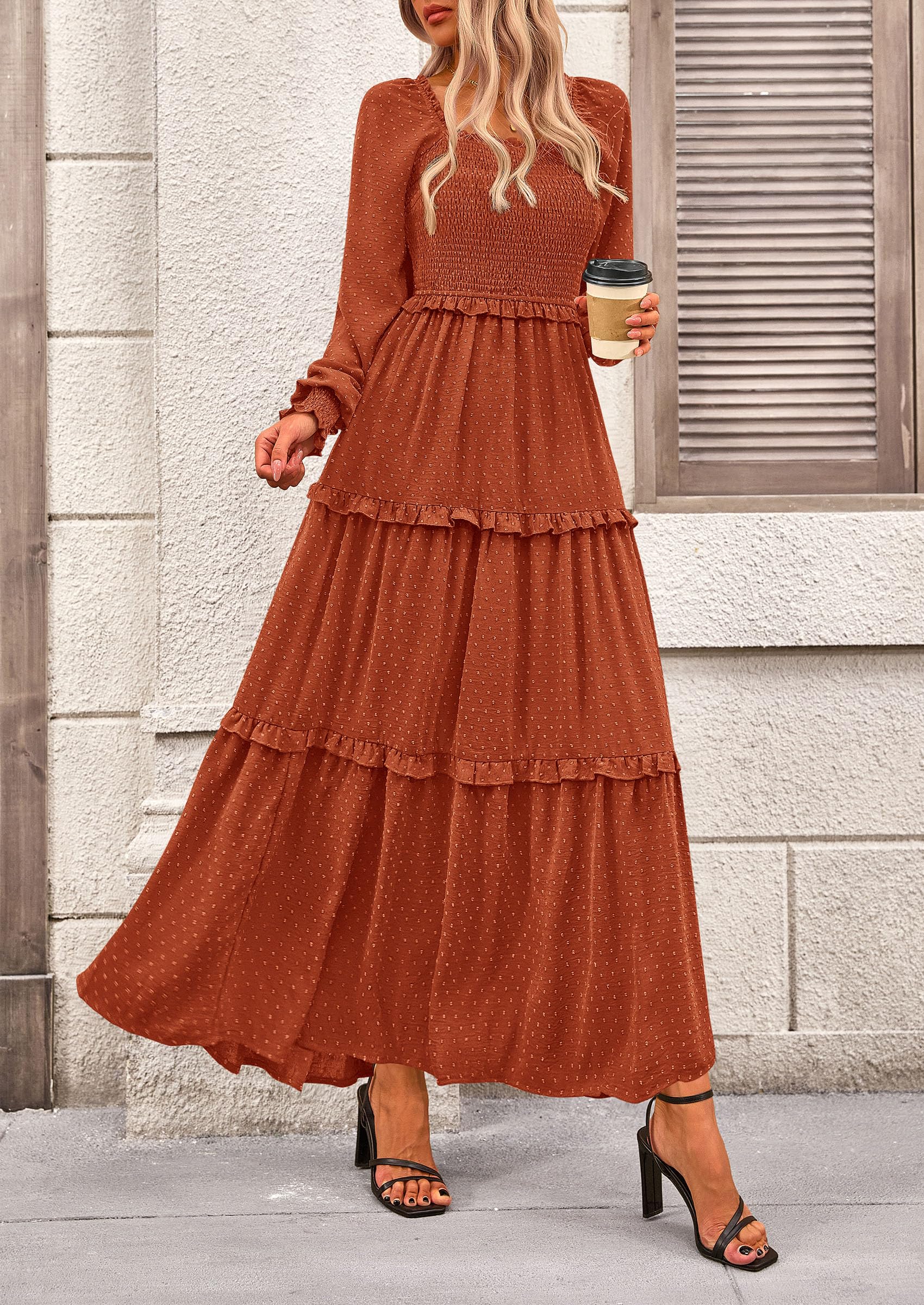 Women's Smocked Long Sleeve Maxi Dress Wedding Guest Dresses