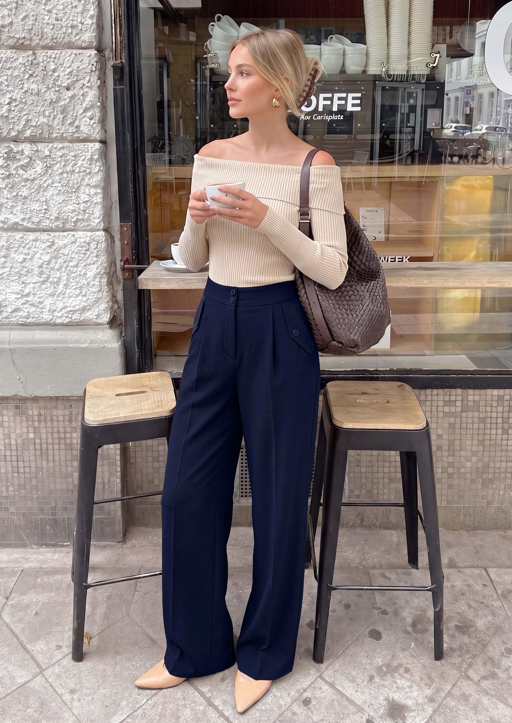 Women's Wide Leg Work Dress Pants Trousers, Navy Blue,S