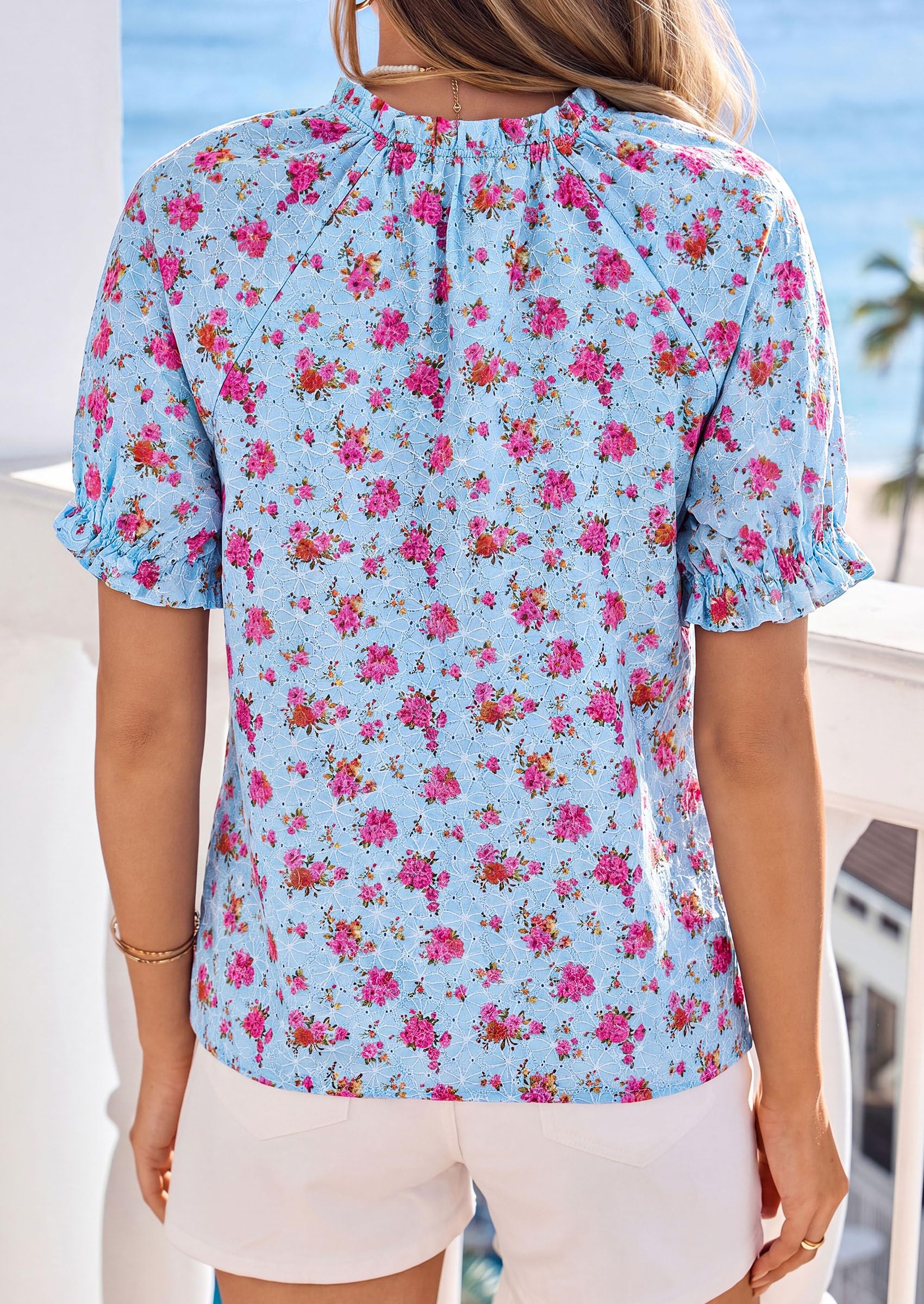 Womens Floral Short Sleeve Blouses,Floral Light Blue,S