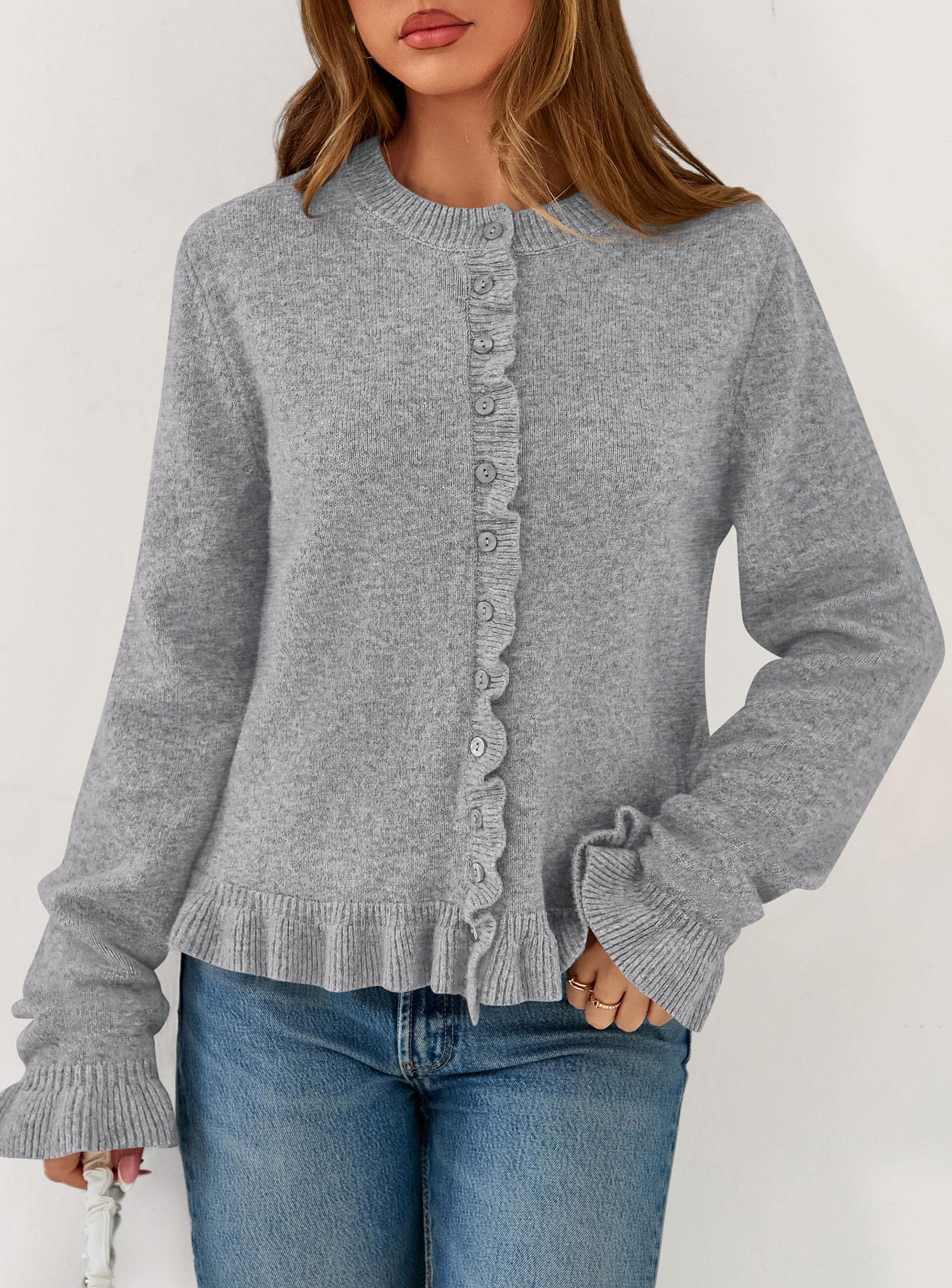 Womens Ruffle Button Down Cardigan Sweaters,Grey,S