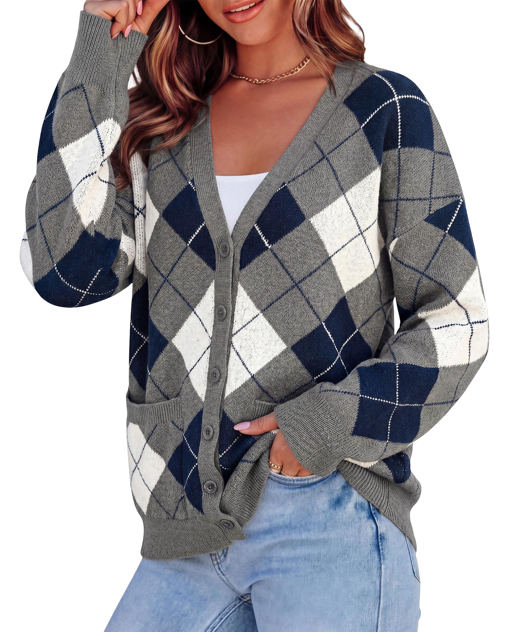 Women's Cardigan Argyle Winter Sweaters (Plaid Grey,L)