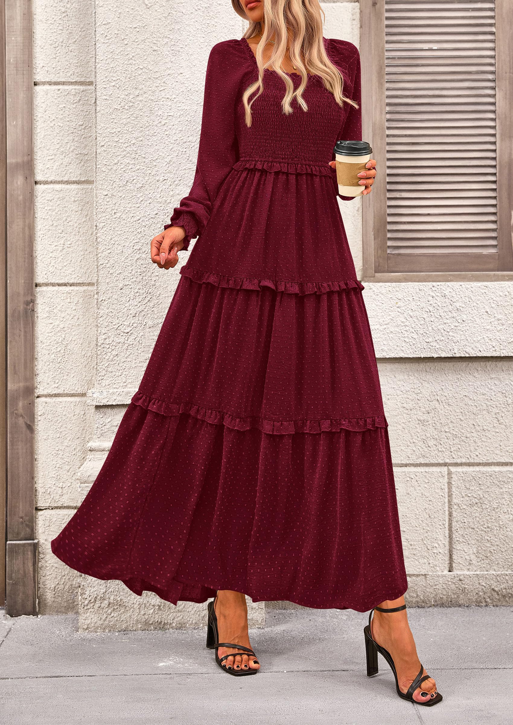 Women's Smocked Long Sleeve Maxi Dress Wedding Guest Dresses