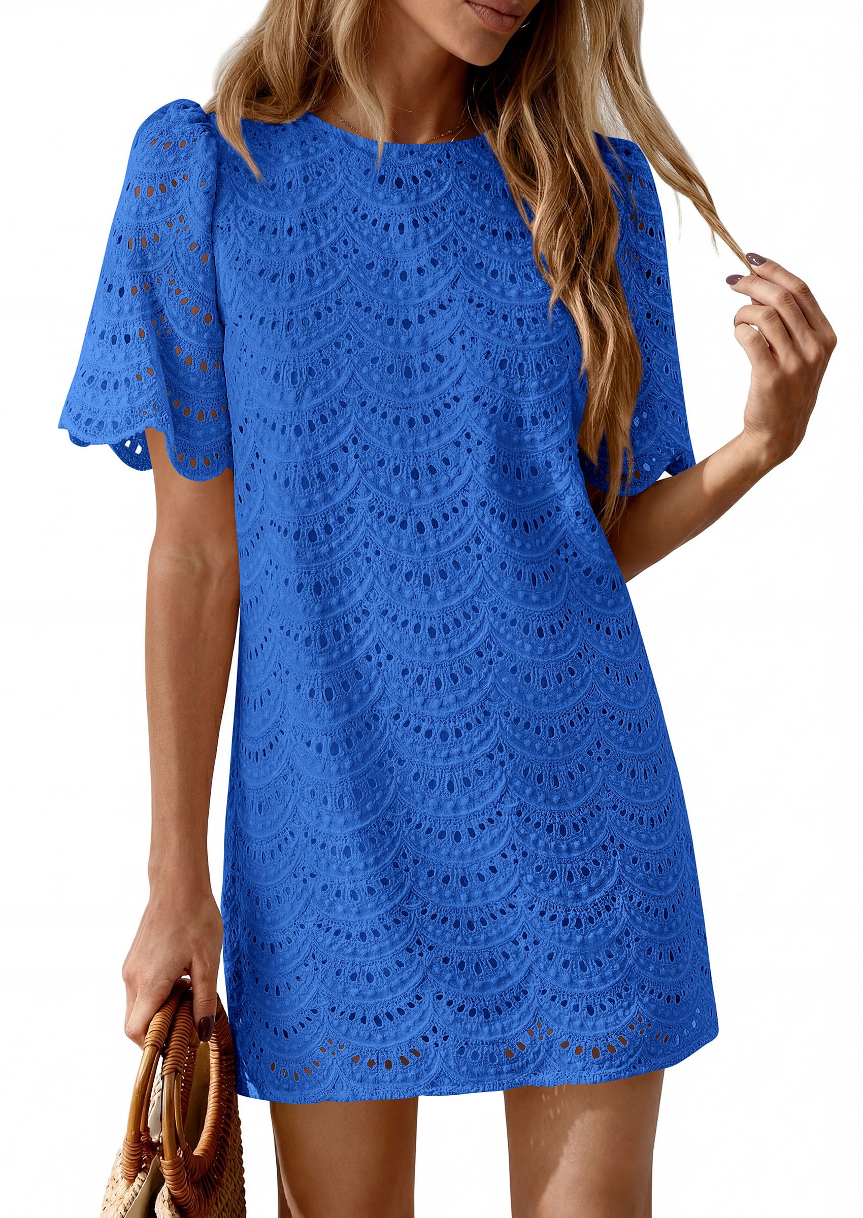 Women's Summer Eyelet Lace Short Dress (Royal Blue,S)