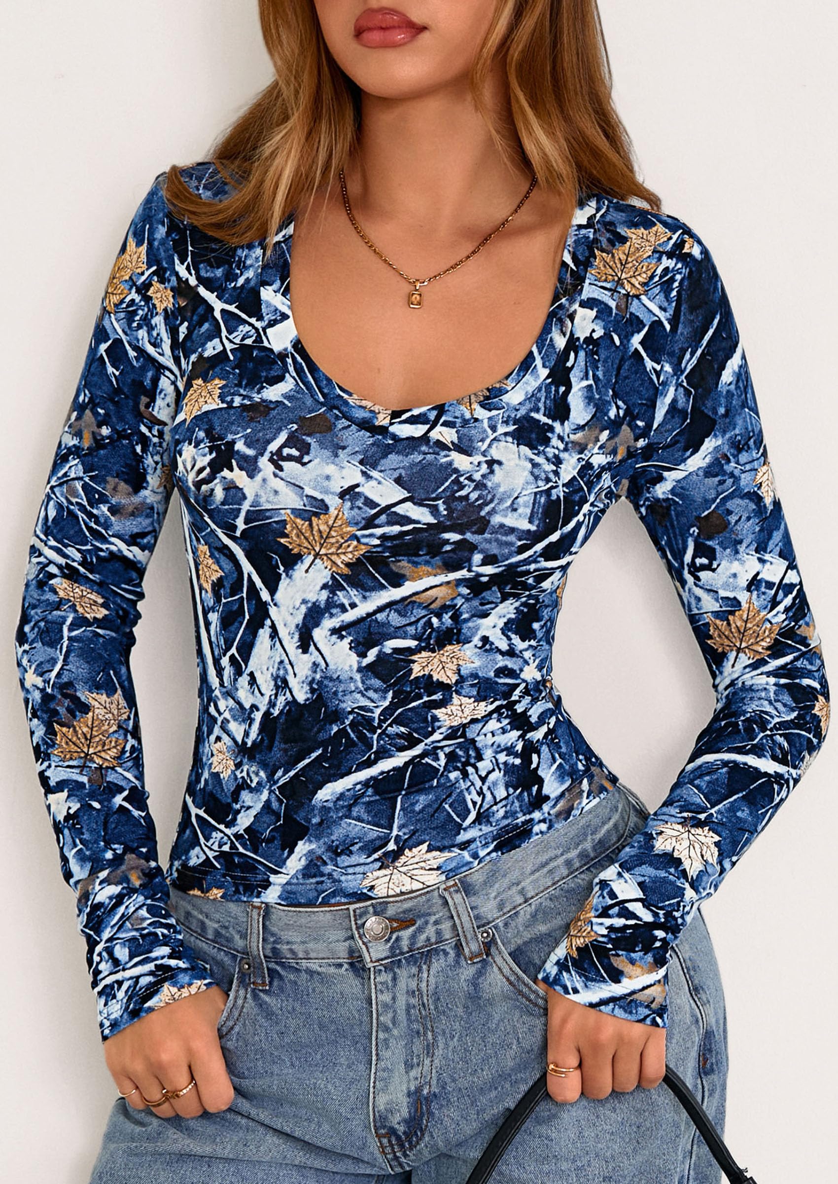 Womens Long Sleeve Slim Fit Crop Tops,Dark Blue Floral,S