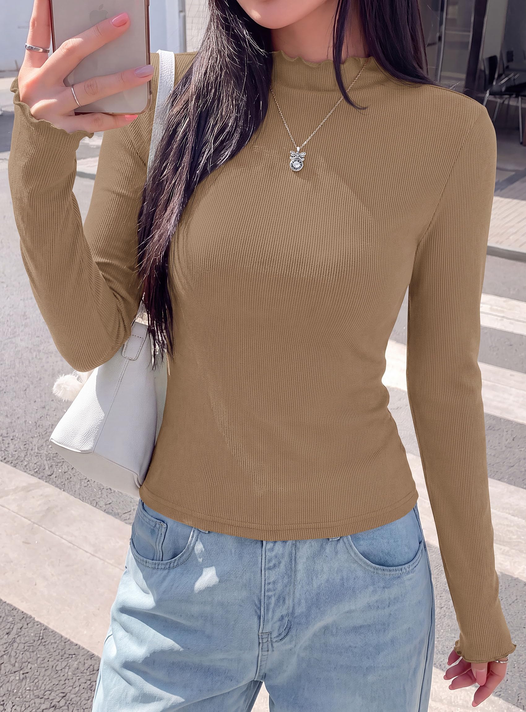 Women's Long Sleeve T Shirts Lettuce Trim Mock Neck Tops