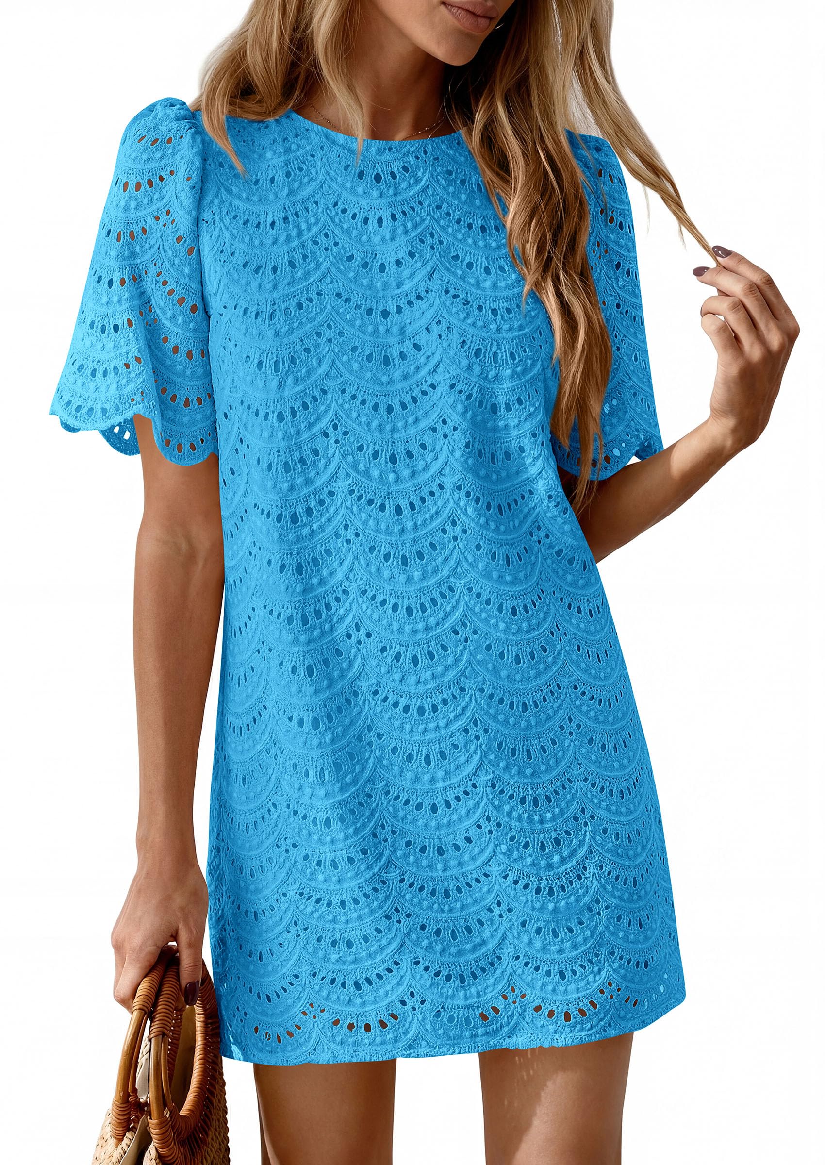 Women's Summer Eyelet Lace Short Dress (Brilliant Blue,S)
