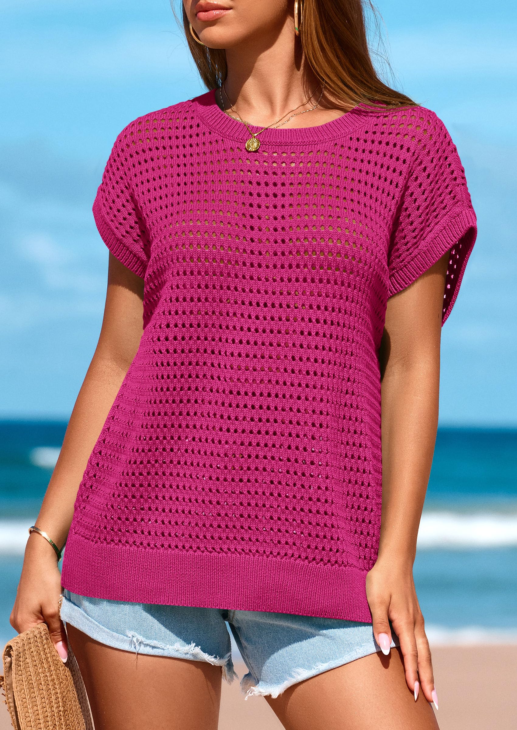 Women's Summer Crochet Cap Sleeve Sweater Tops,Rose Red,S