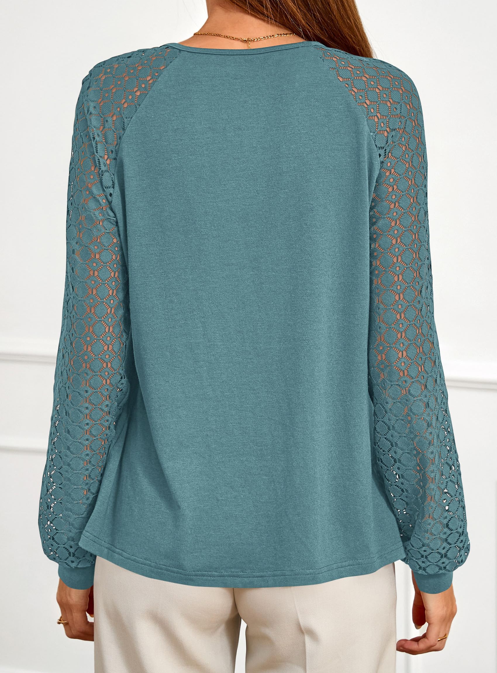 Women's Long Sleeve Shirts Fall Lace Tops,Teal,S