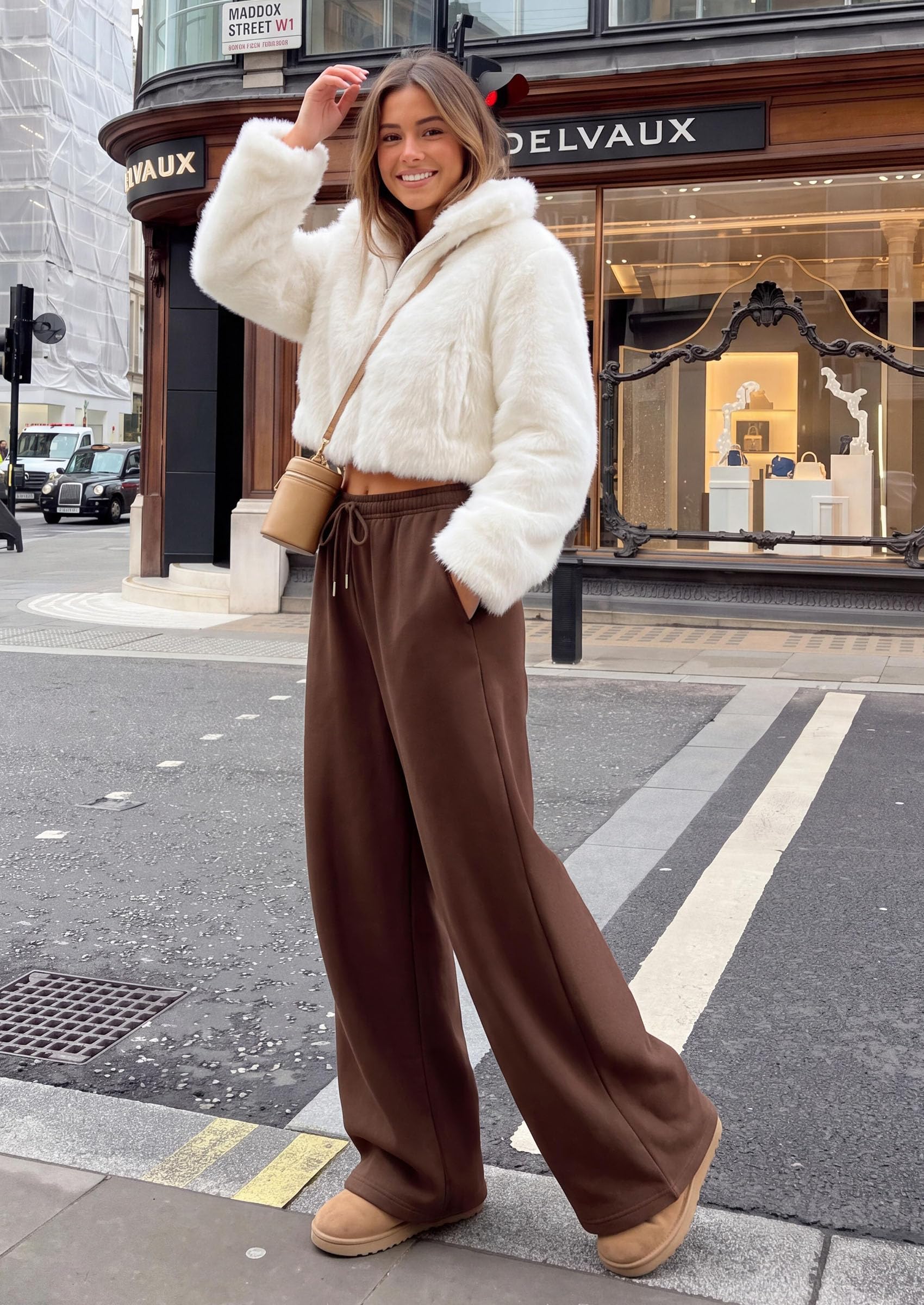 Womens Wide Leg Sweatpants Fleece Fall Sweat Pants,Brown