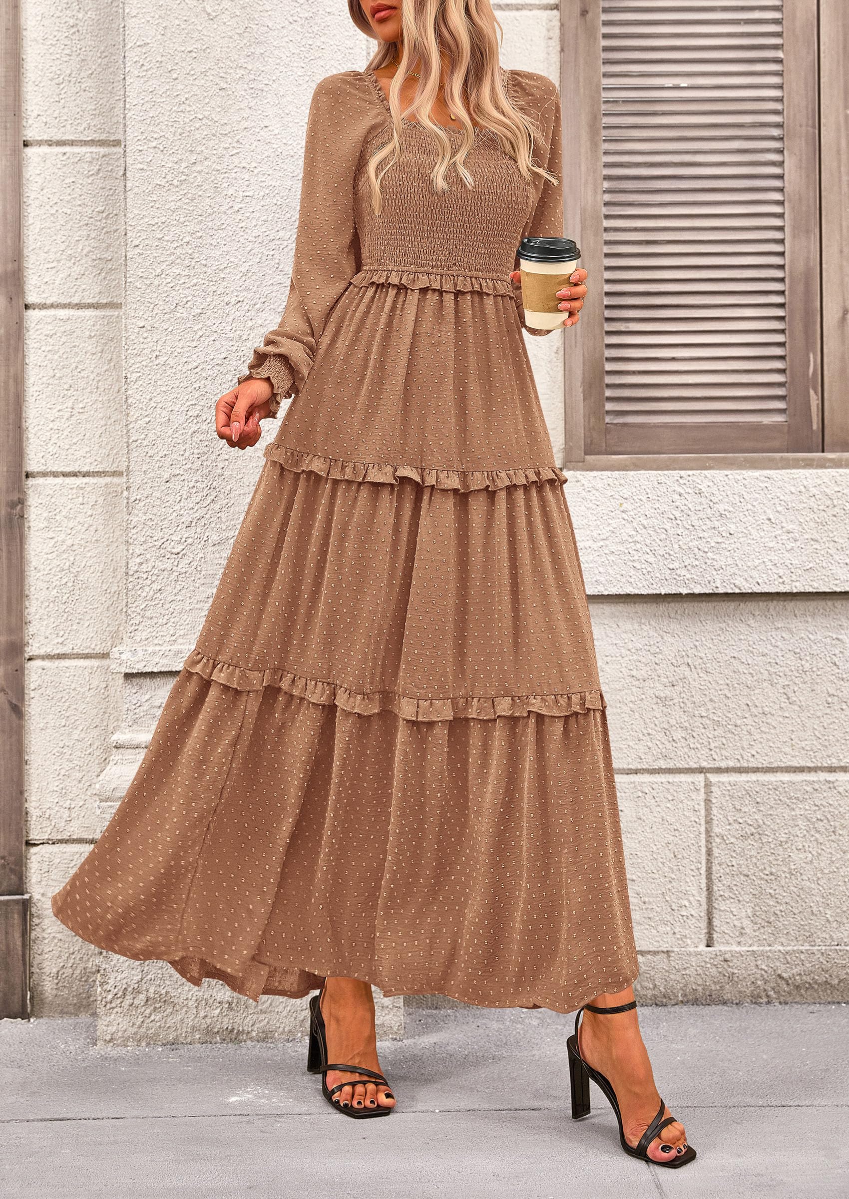 Women's Smocked Long Sleeve Maxi Dress Wedding Guest Dresses