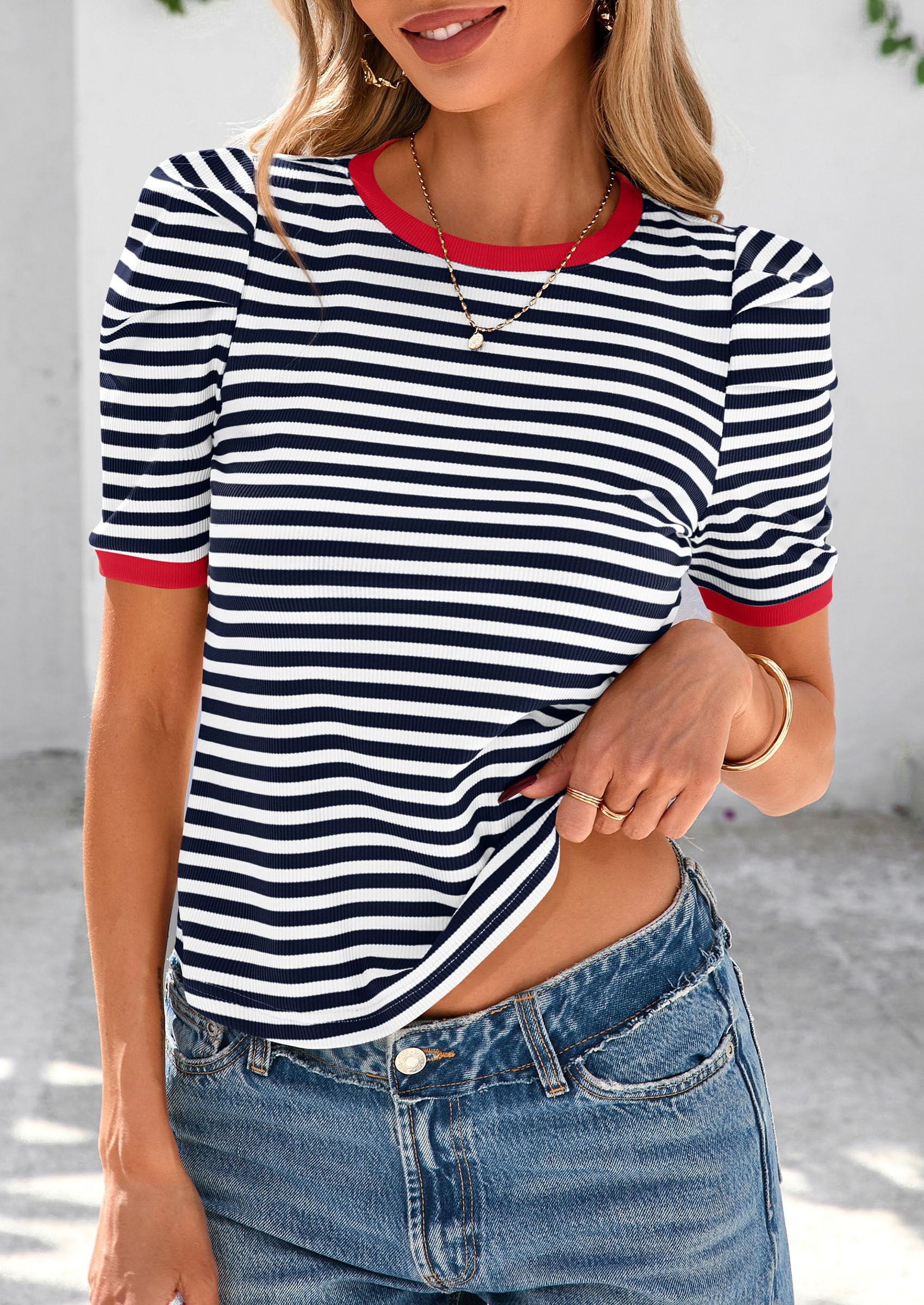 Ribbed Puff Short Sleeve Tops for Women Striped Shirt Navy,XS