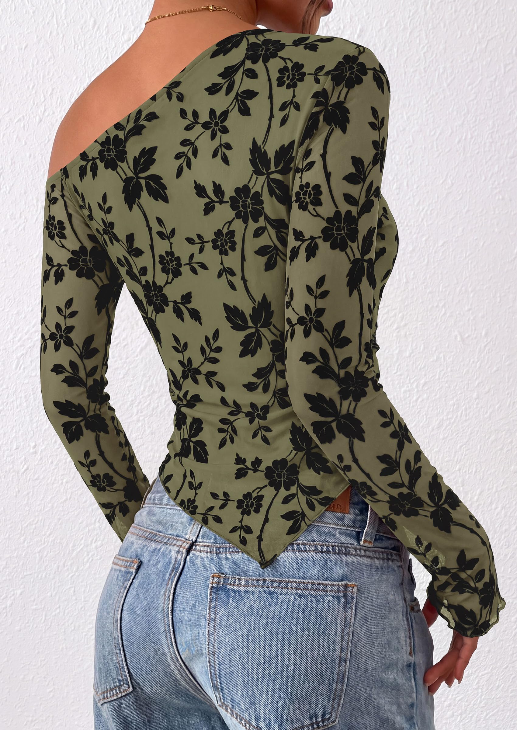 Womens Off Shoulder Mesh Y2k Tops,Army Green,XS