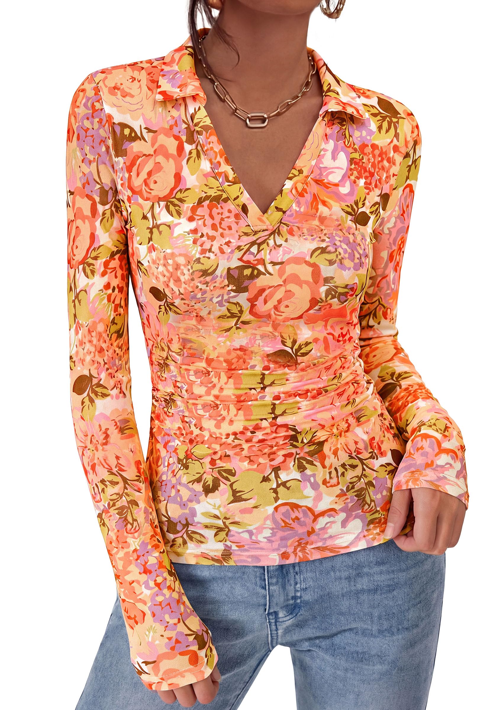 Women's Long Sleeve Boho Floral Mesh Tops Fall V Neck Blouses