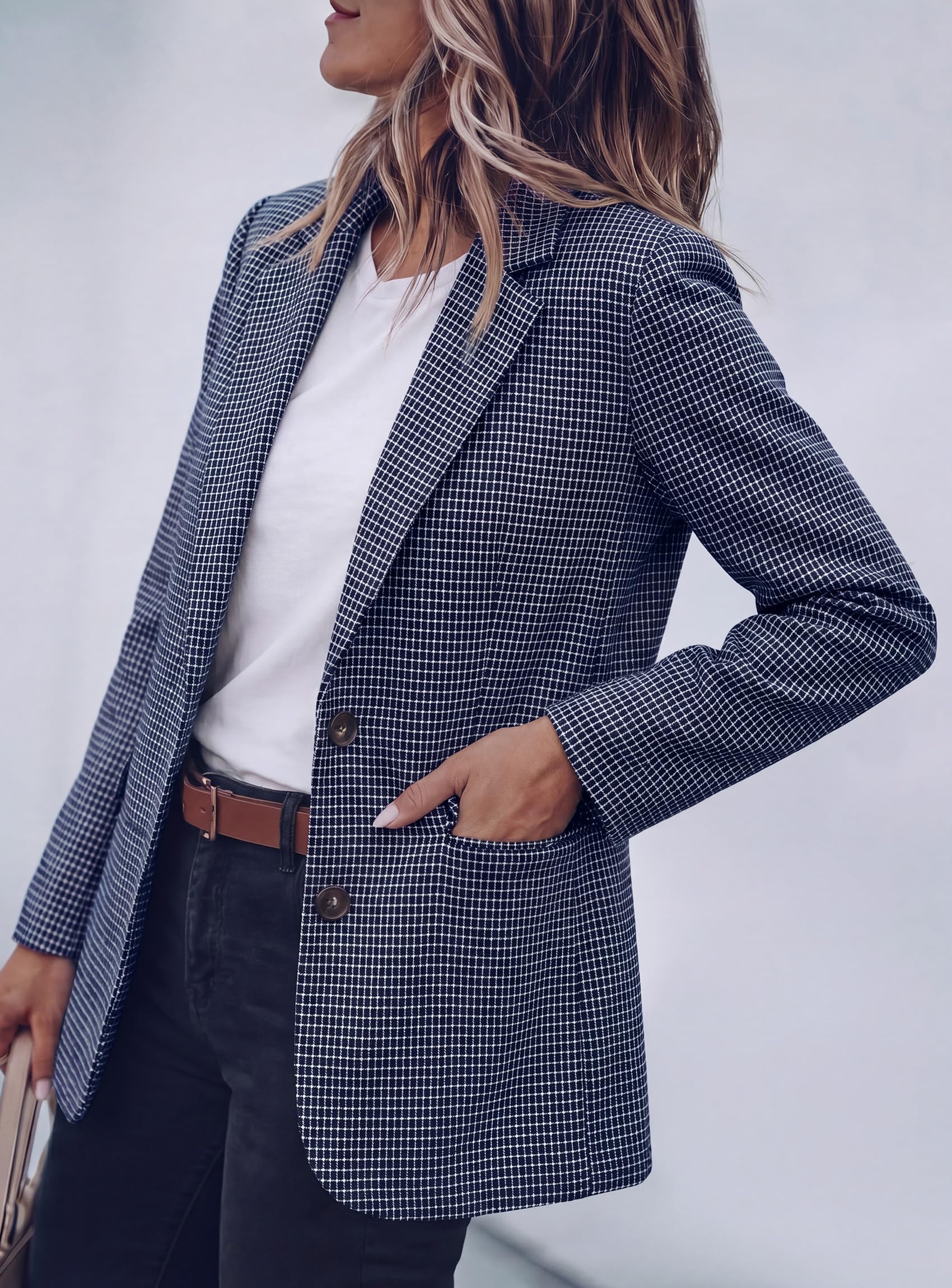 Fall Plaid Blazers for Women Business Casual Navy Blue S