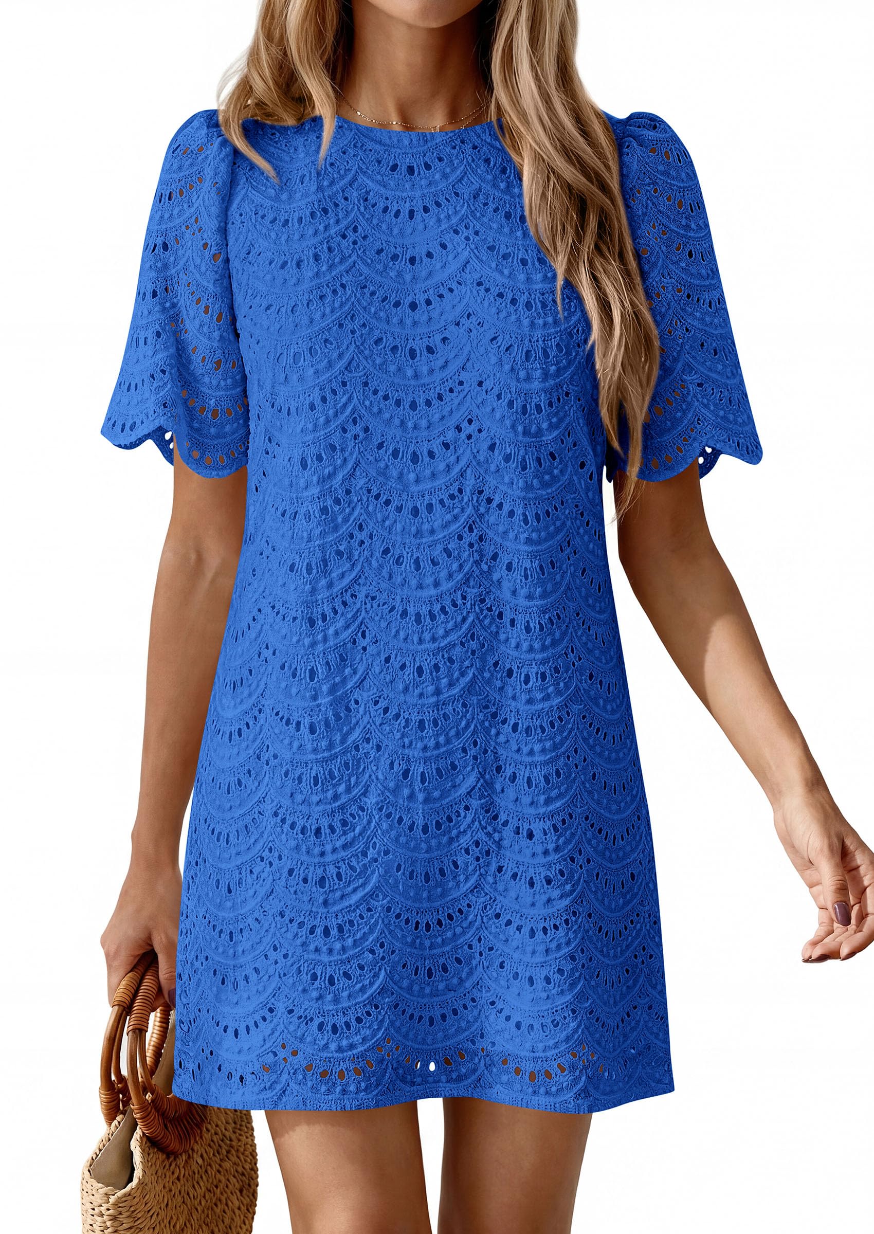 Women's Summer Eyelet Lace Short Dress (Royal Blue,S)