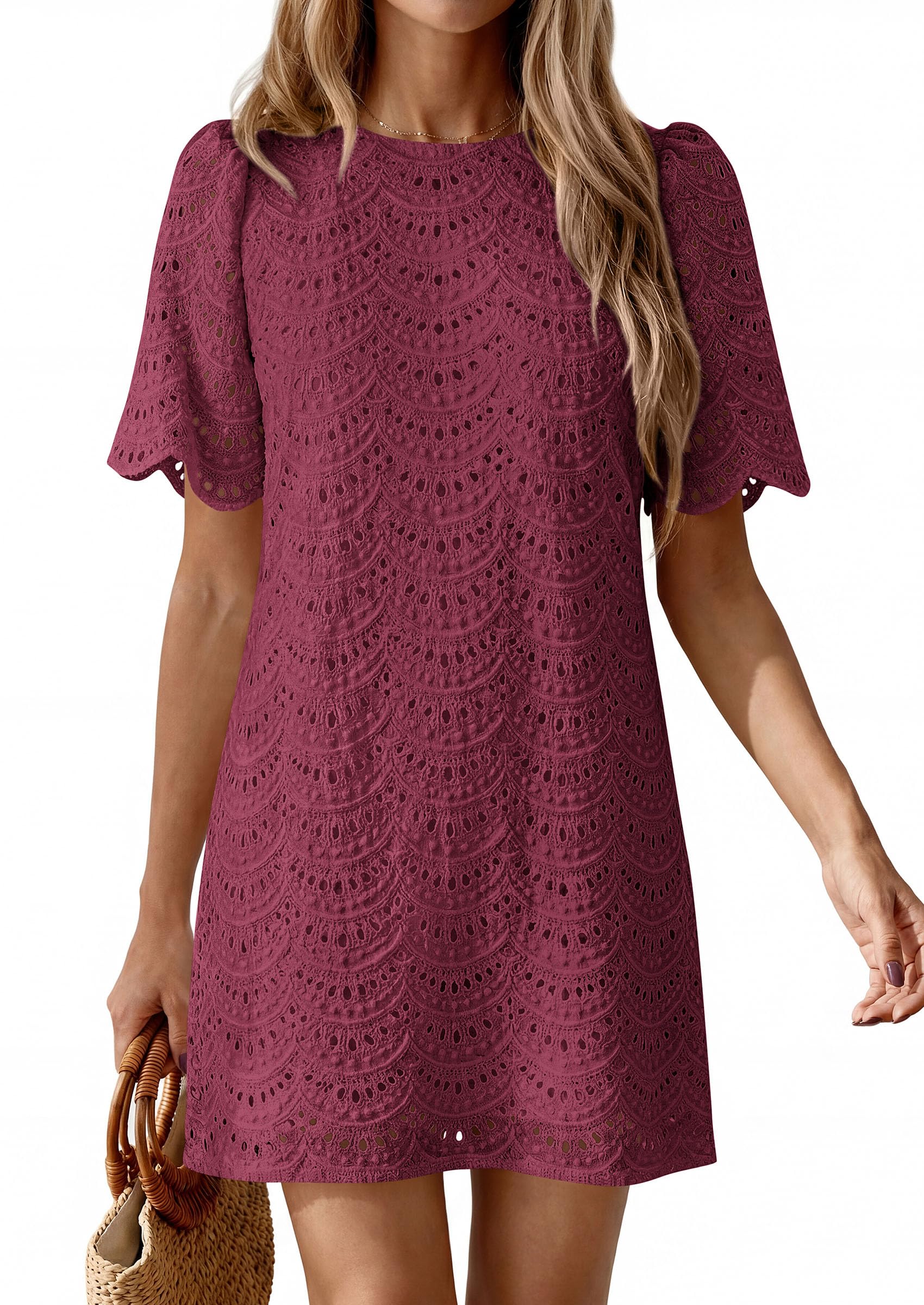 Women's Summer Eyelet Lace Short Dress (Burgundy,S)