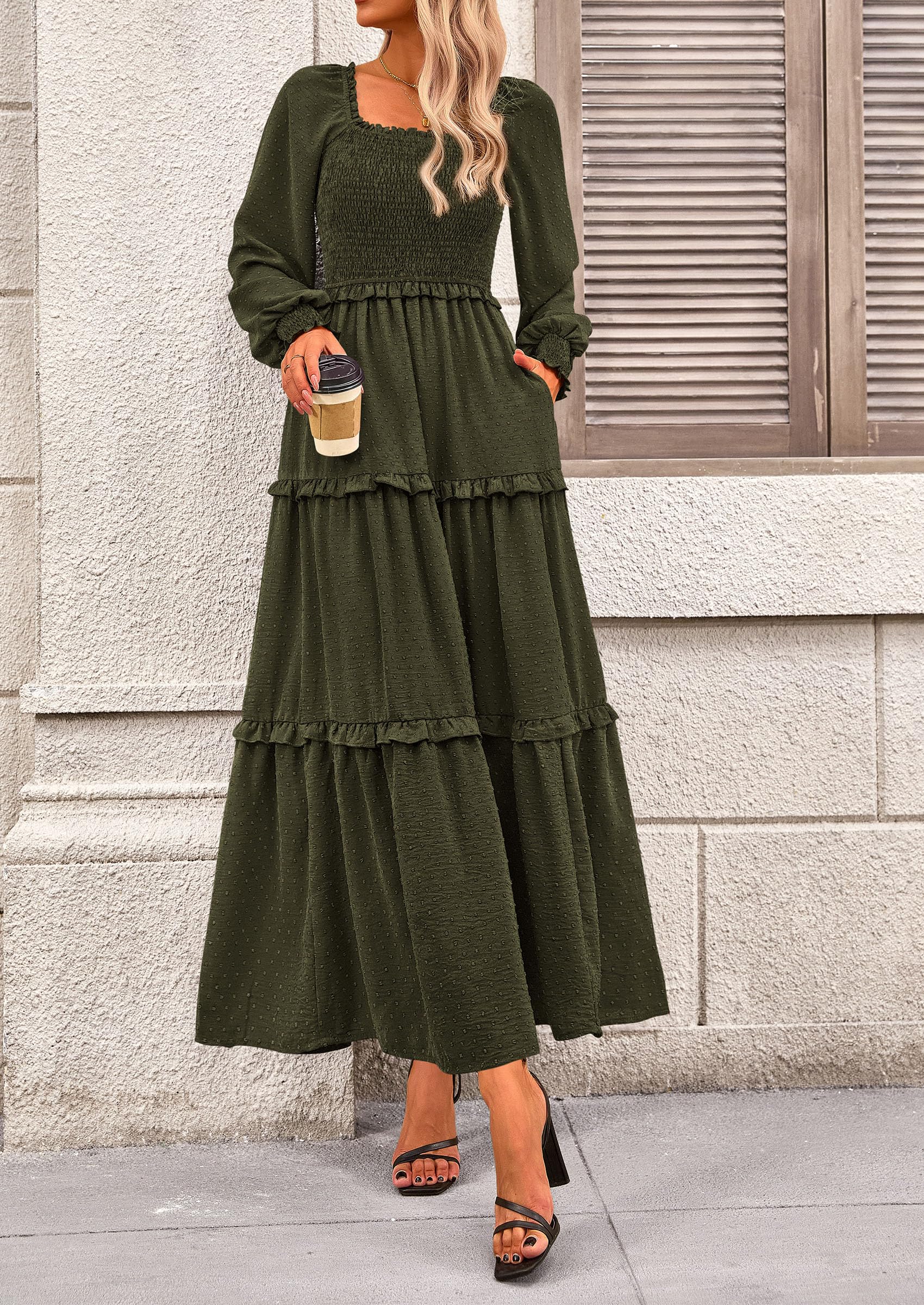 Women's Smocked Long Sleeve Maxi Dress Wedding Guest Dresses
