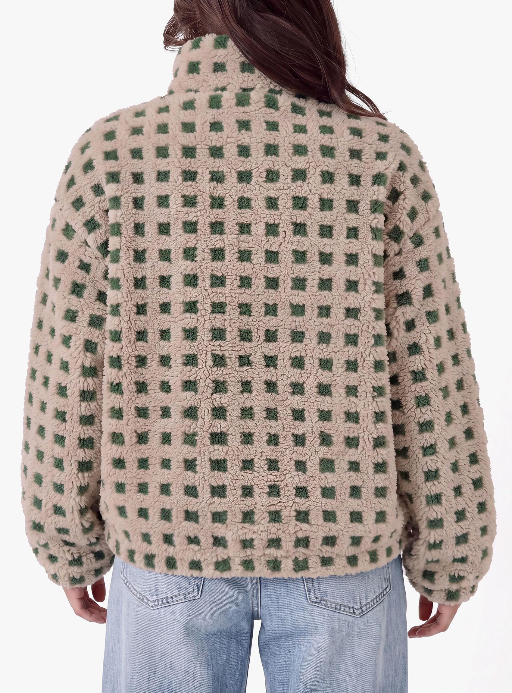 Women's Gingham Sherpa Fleece Jacket Plaid Cropped Teddy Coat