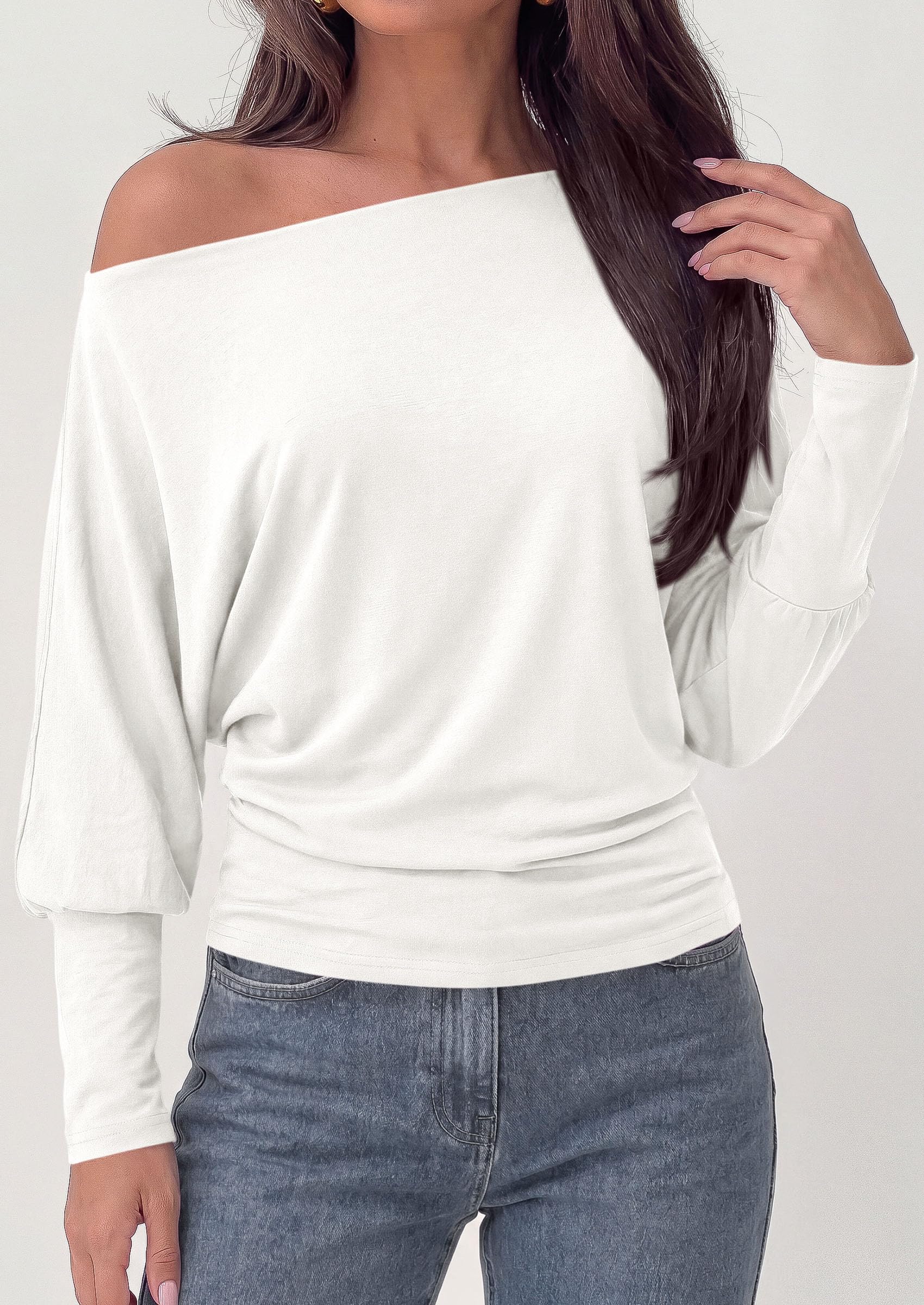 Womens Off The Shoulder Batwing Long Sleeve Top,White,S